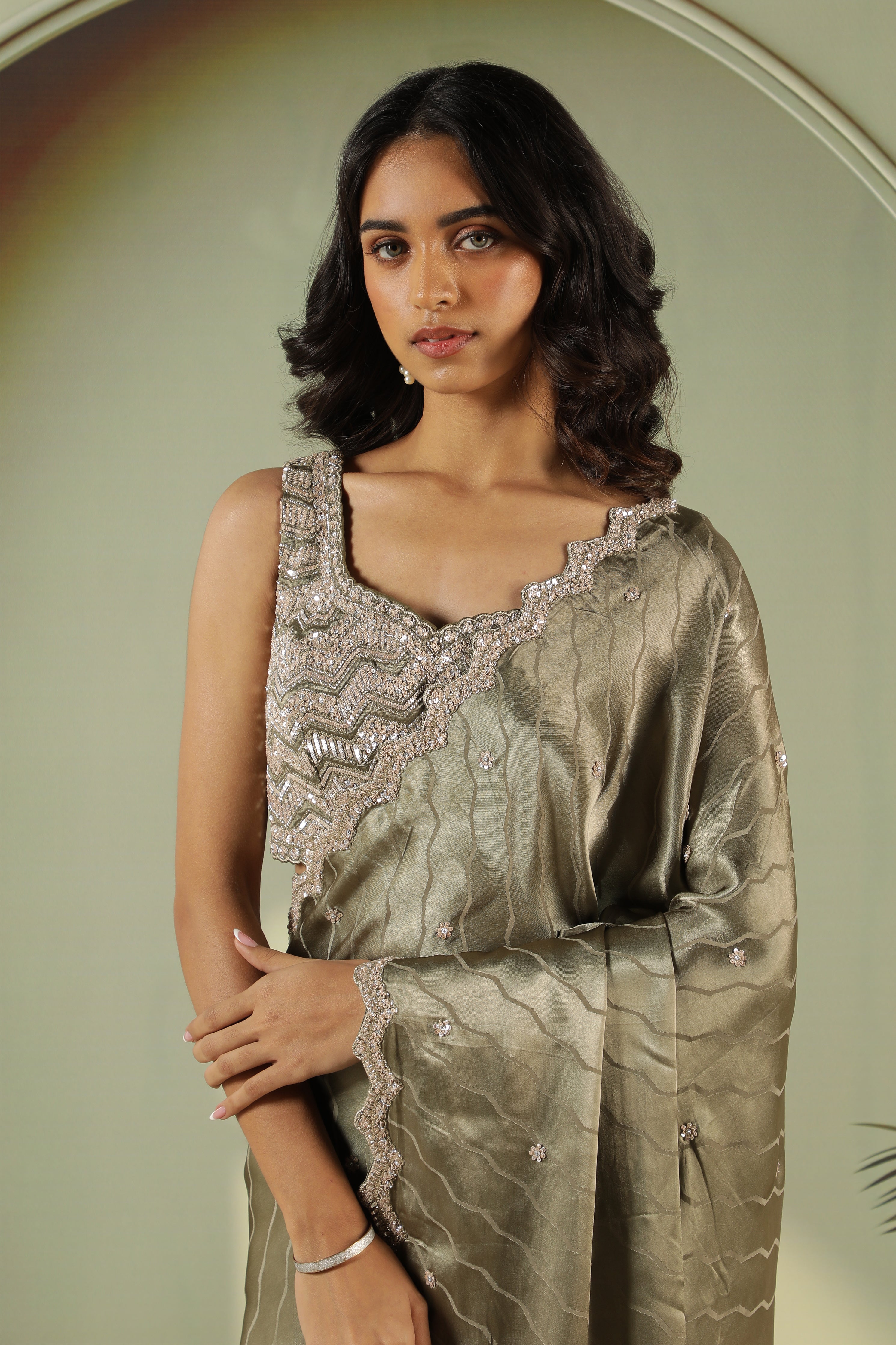 Dusty Green Satin Saree with Sequin Butti & Embroidered Border