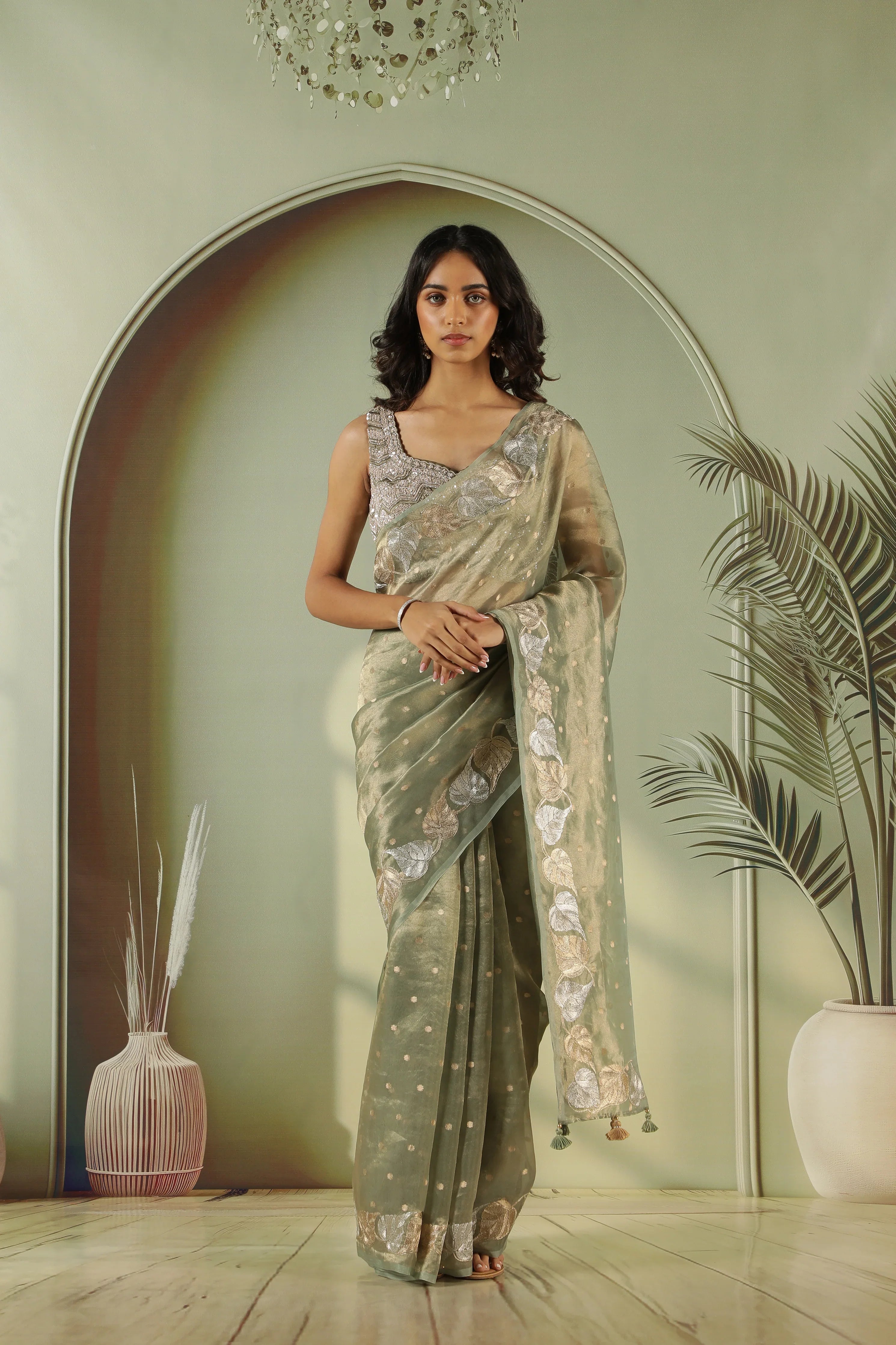 Green Tissue Saree with Zari Butta & Leaf Zari Border | Mokshaa