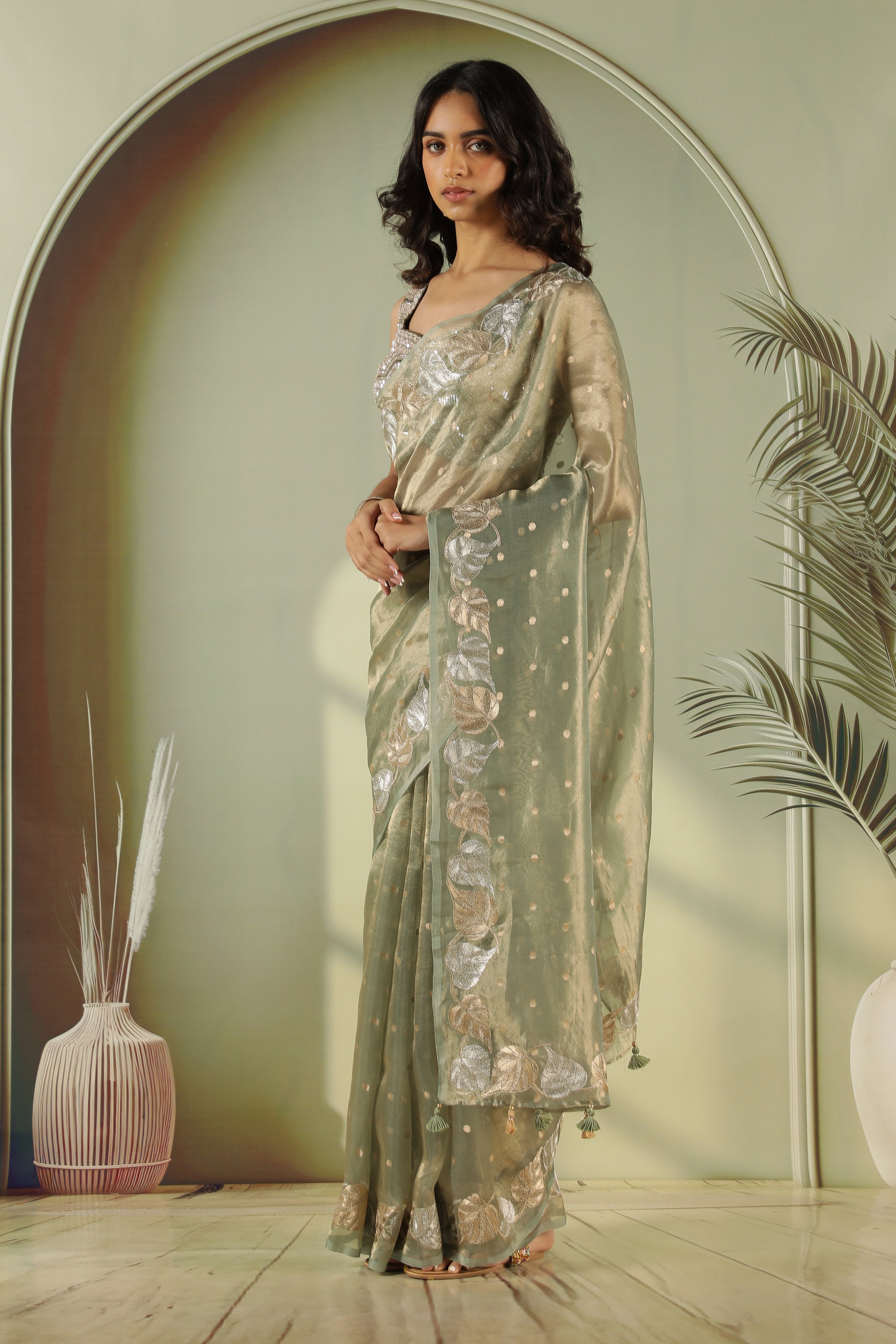Green Tissue Saree with Zari Butta & Leaf Zari Border
