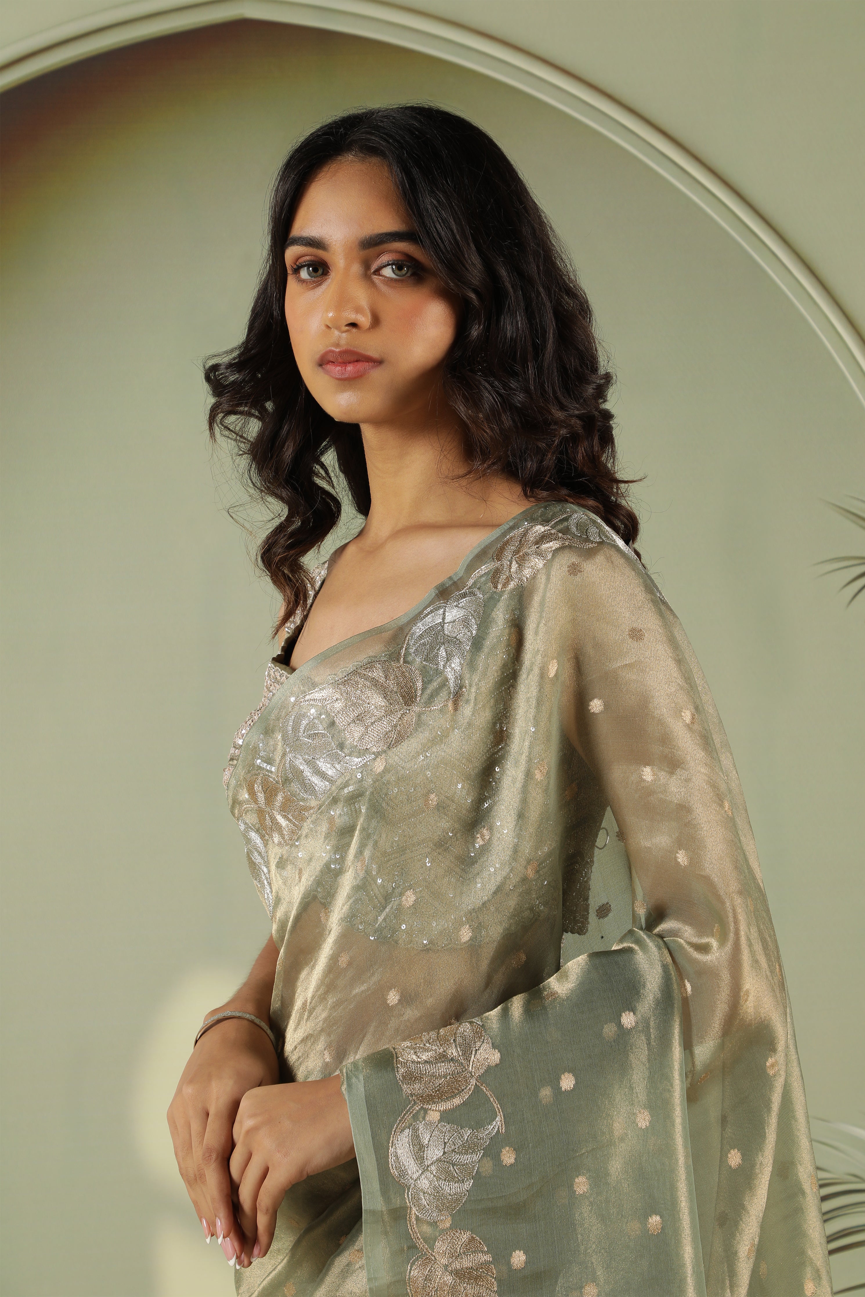 Green Tissue Saree with Zari Butta & Leaf Zari Border