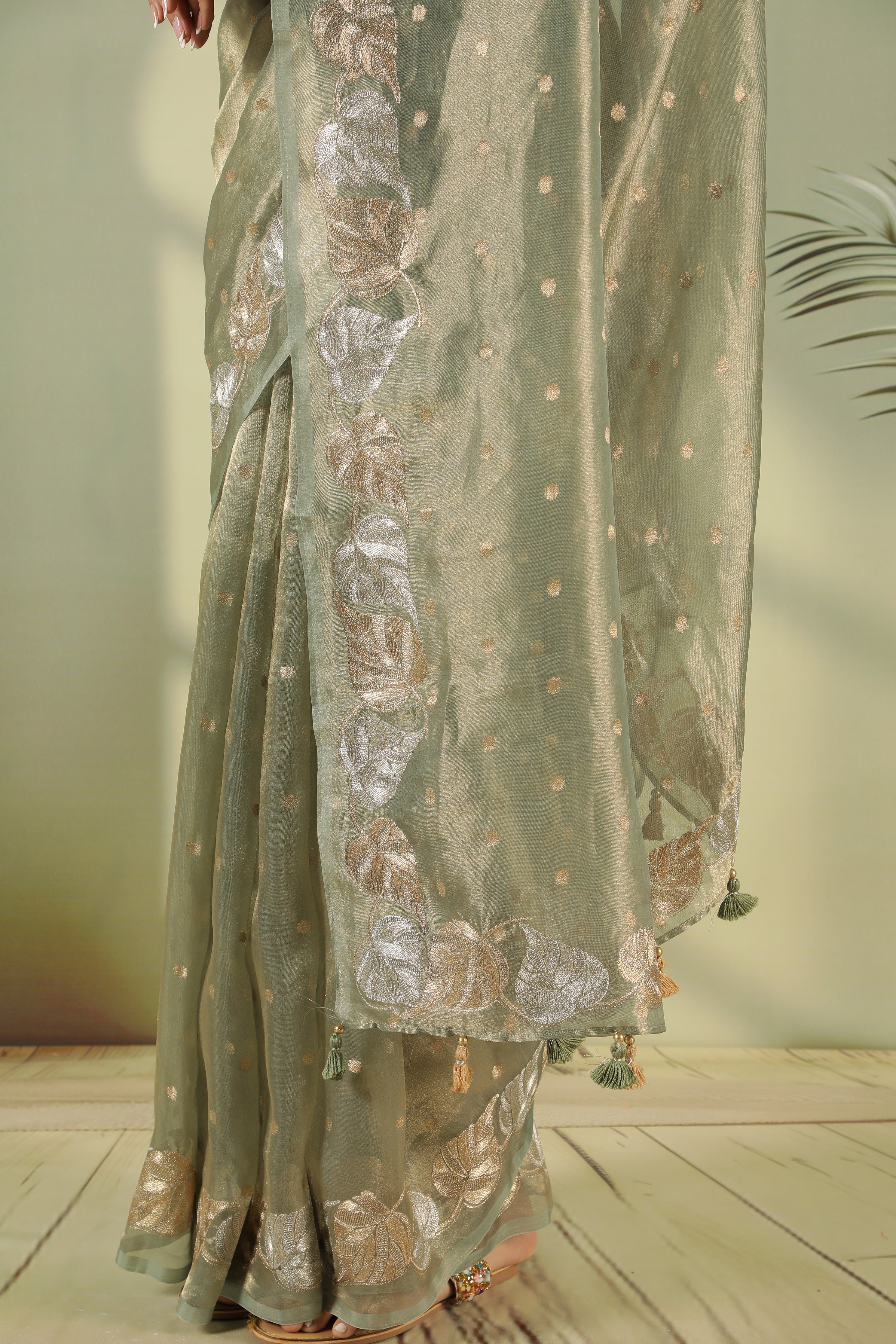 Green Tissue Saree with Zari Butta & Leaf Zari Border