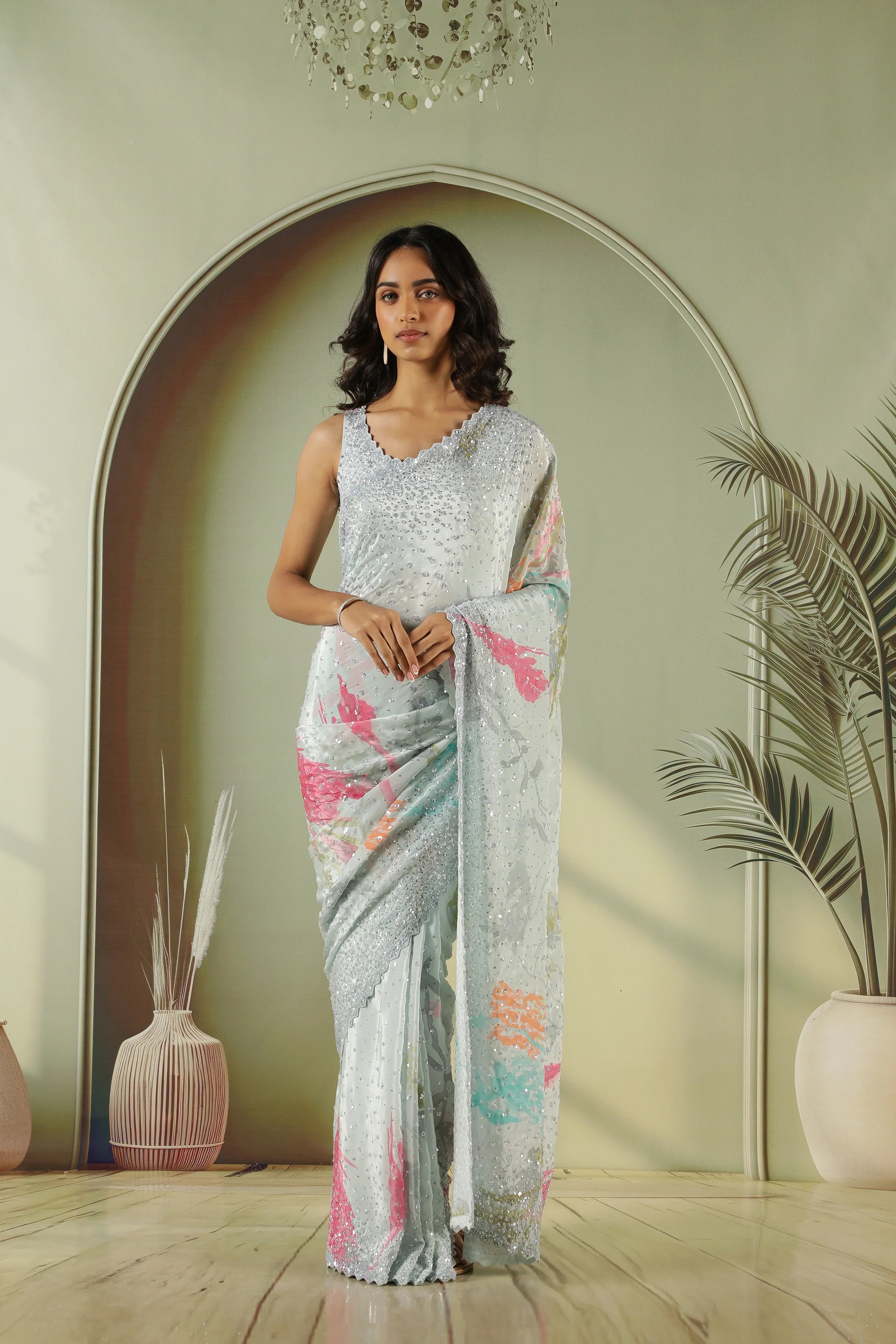 Sea Blue Satin Saree with Sequin Embellishment | Mokshaa