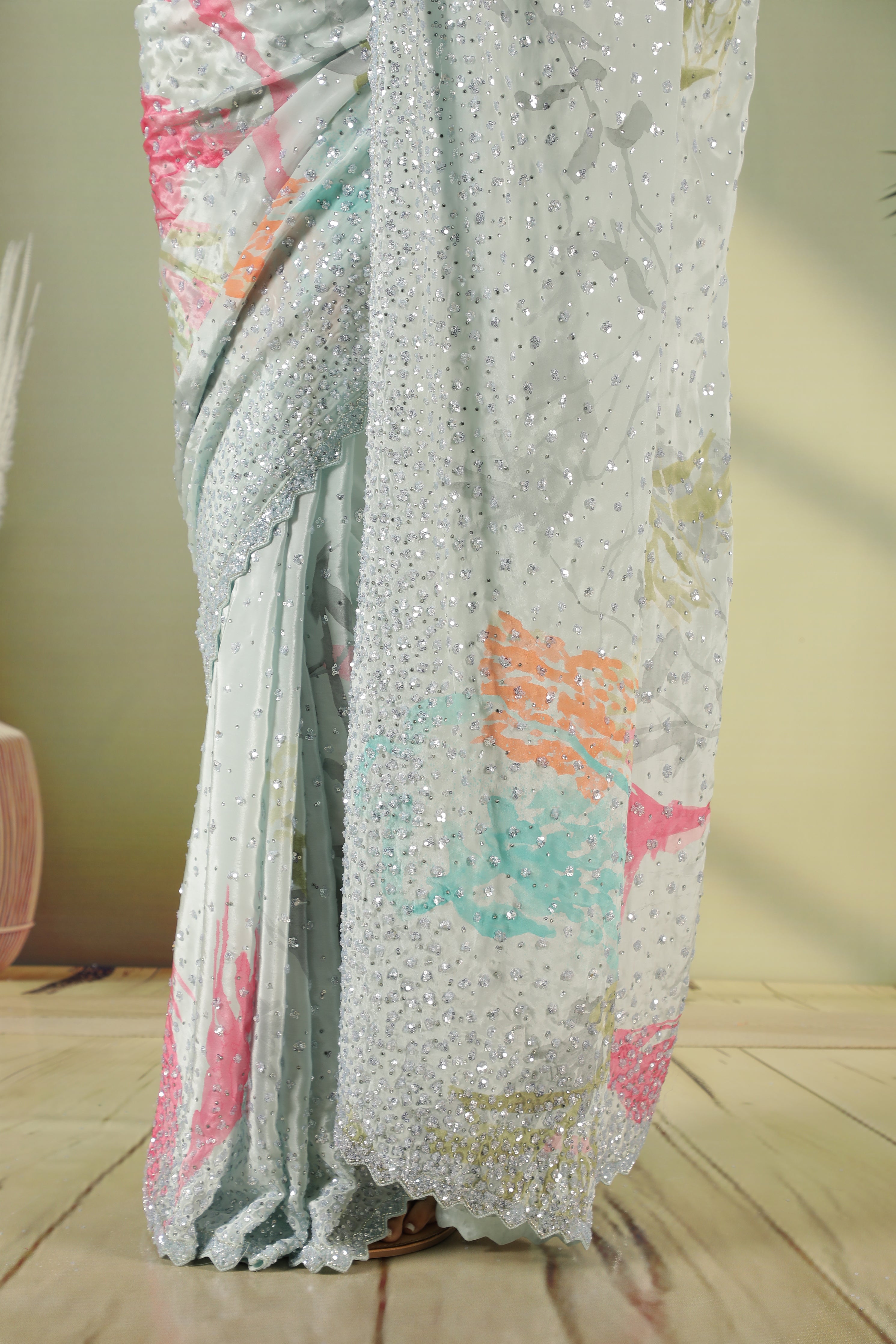 Sea Blue Satin Saree with Sequin Embellishment