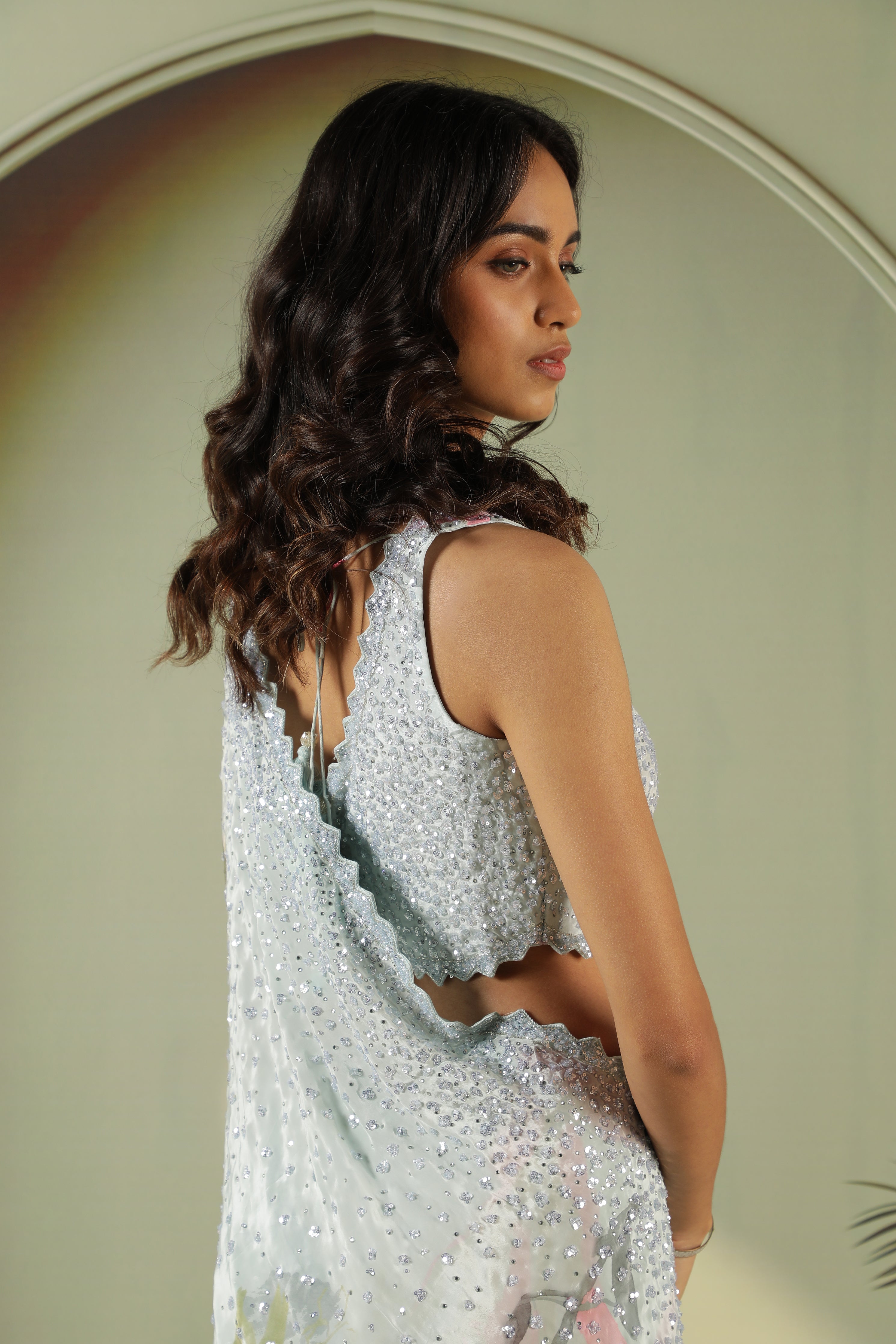 Sea Blue Satin Saree with Sequin Embellishment