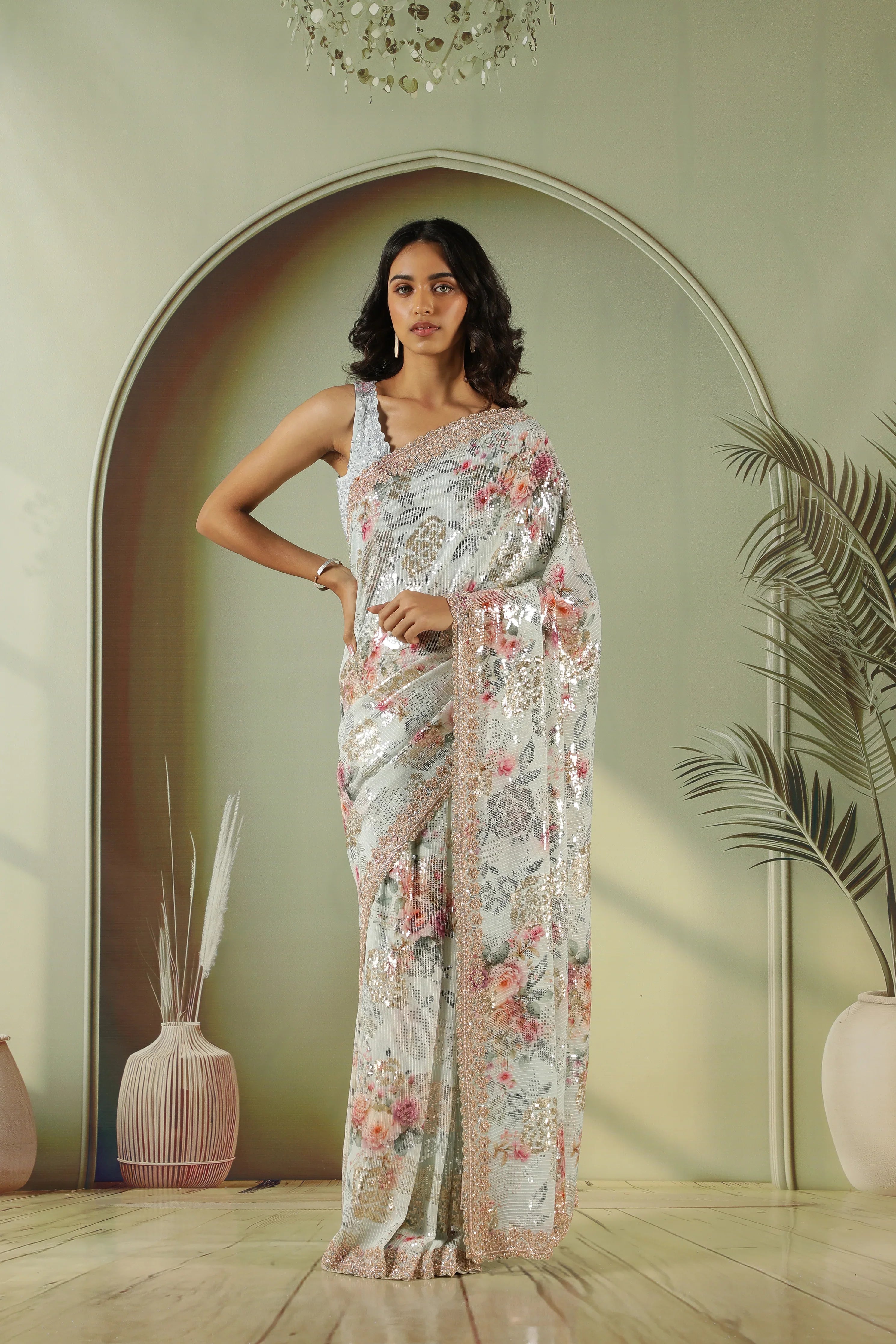 Sea Blue Georgette Saree with Gold & Silver Sequins | Mokshaa