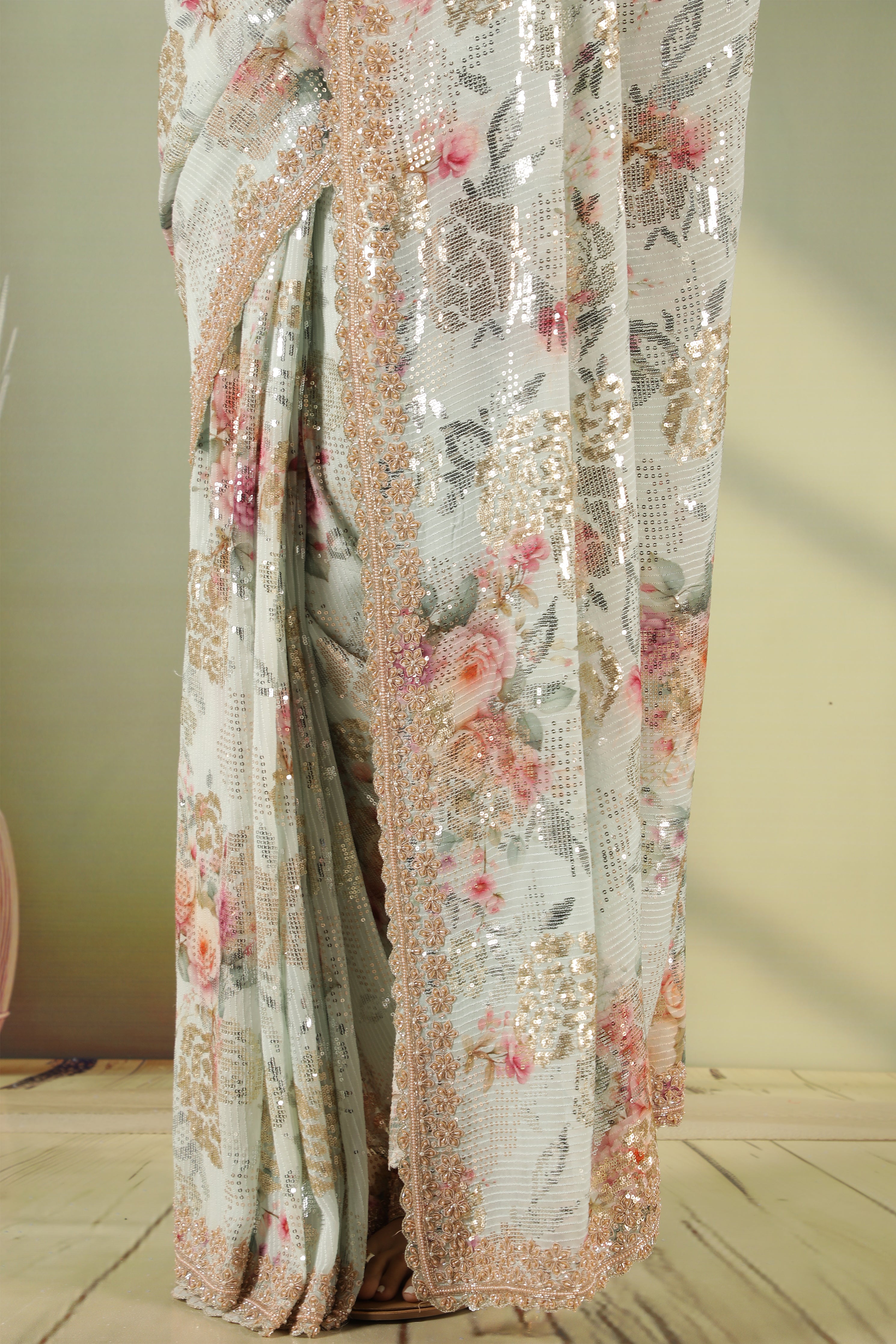 Sea Blue Georgette Saree with Gold & Silver Sequins