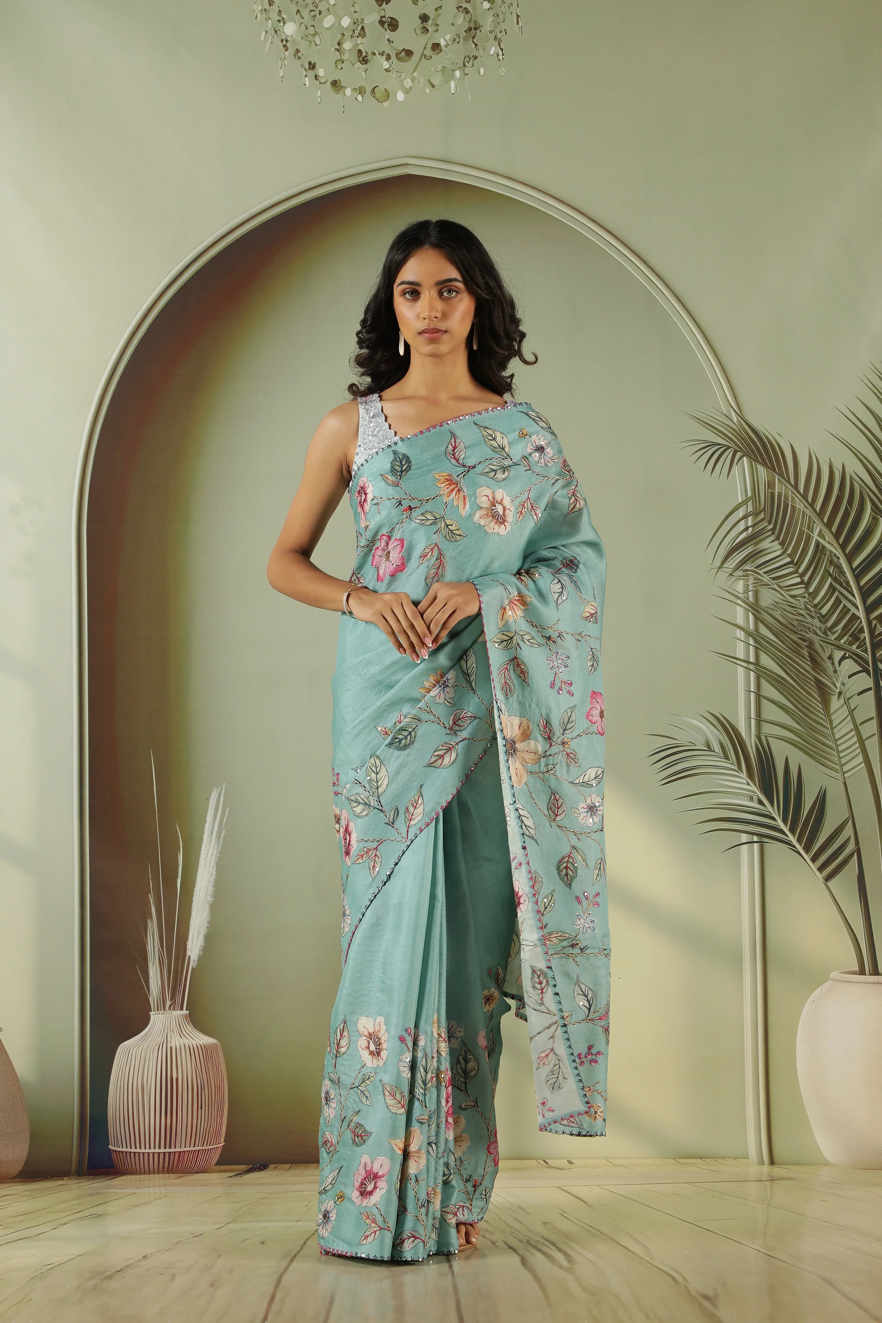 Sky Blue Tussar Silk Saree with Embroidery & Zari Work | Mokshaa