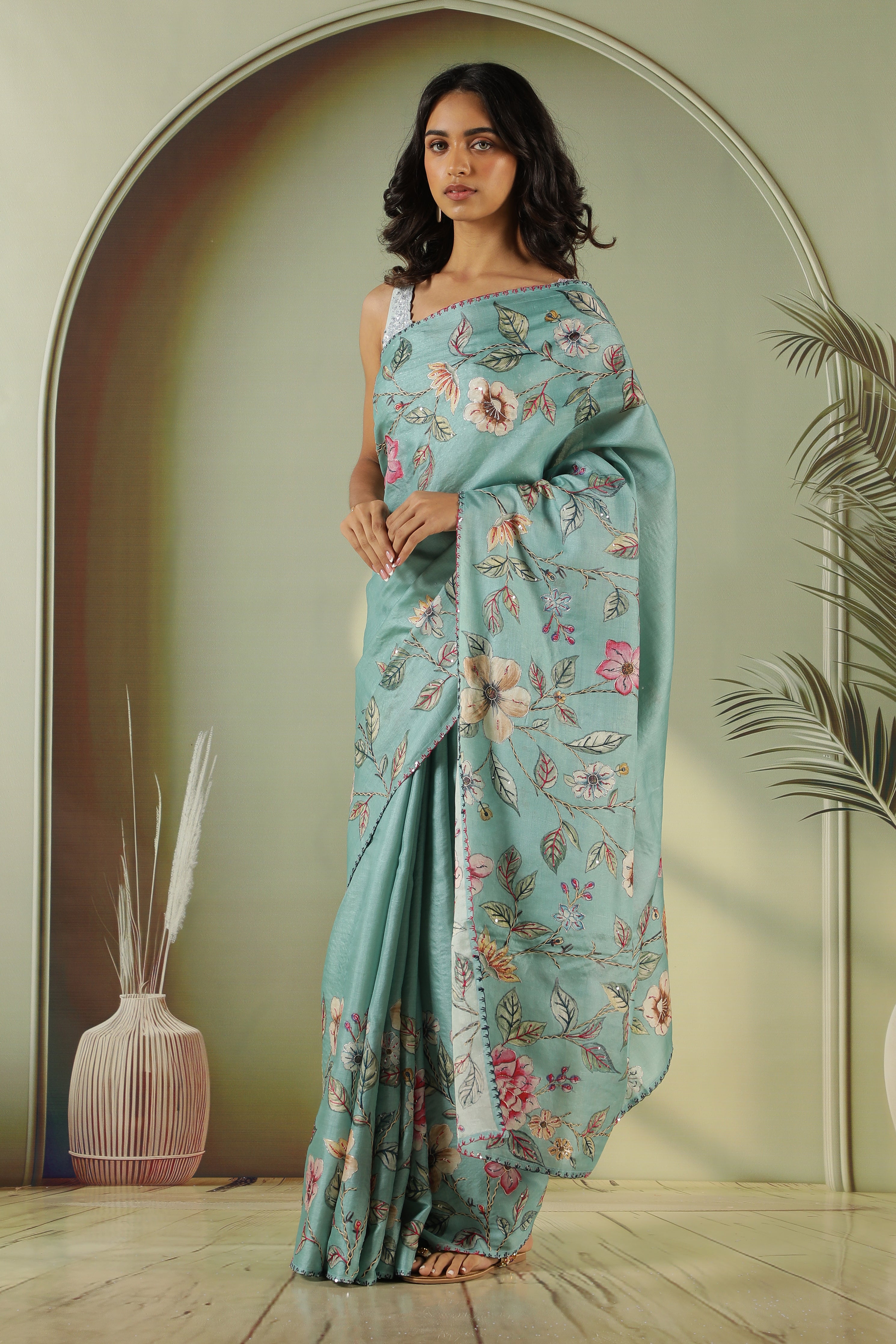 Sky Blue Tussar Silk Saree with Embroidery & Zari Work