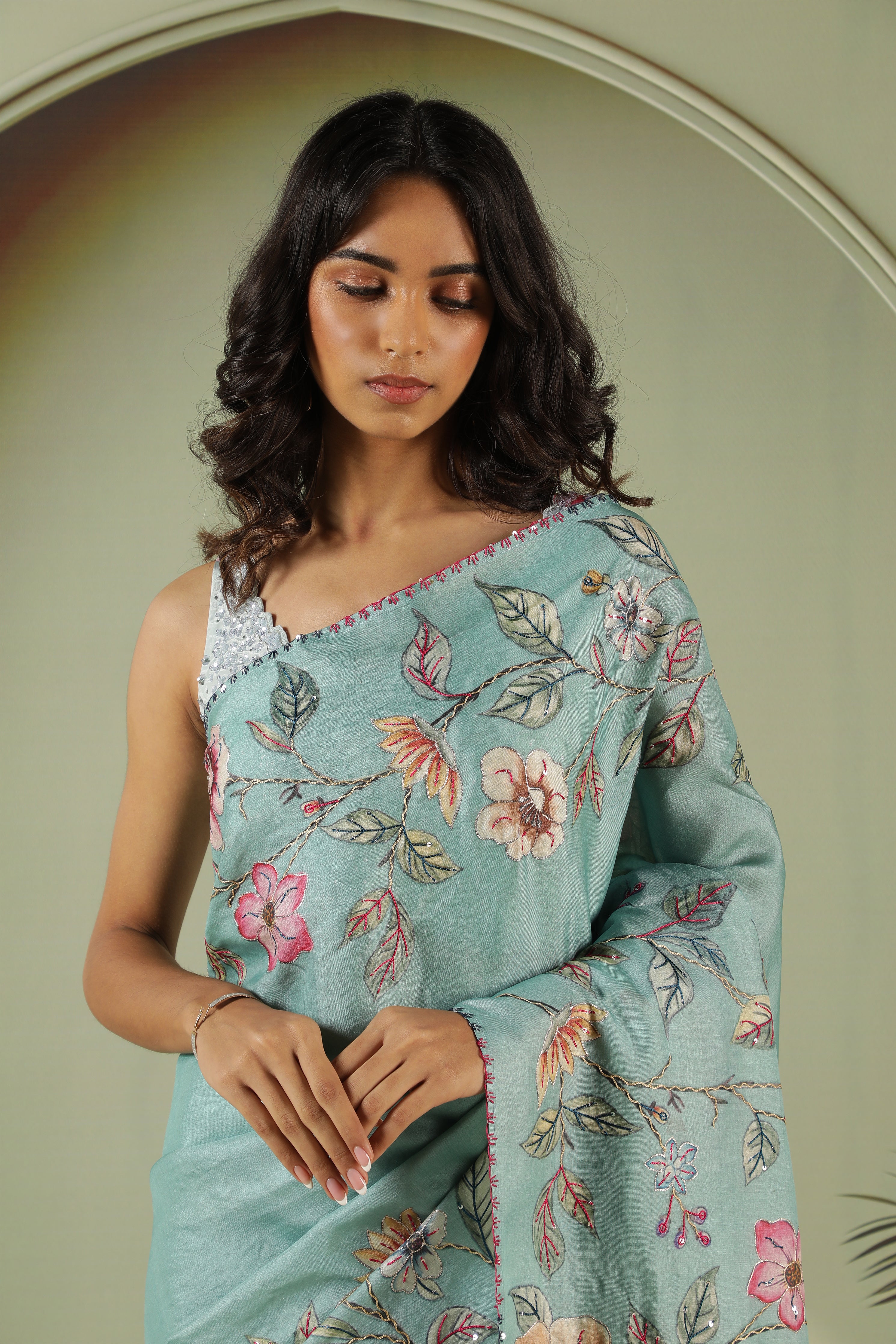 Sky Blue Tussar Silk Saree with Embroidery & Zari Work