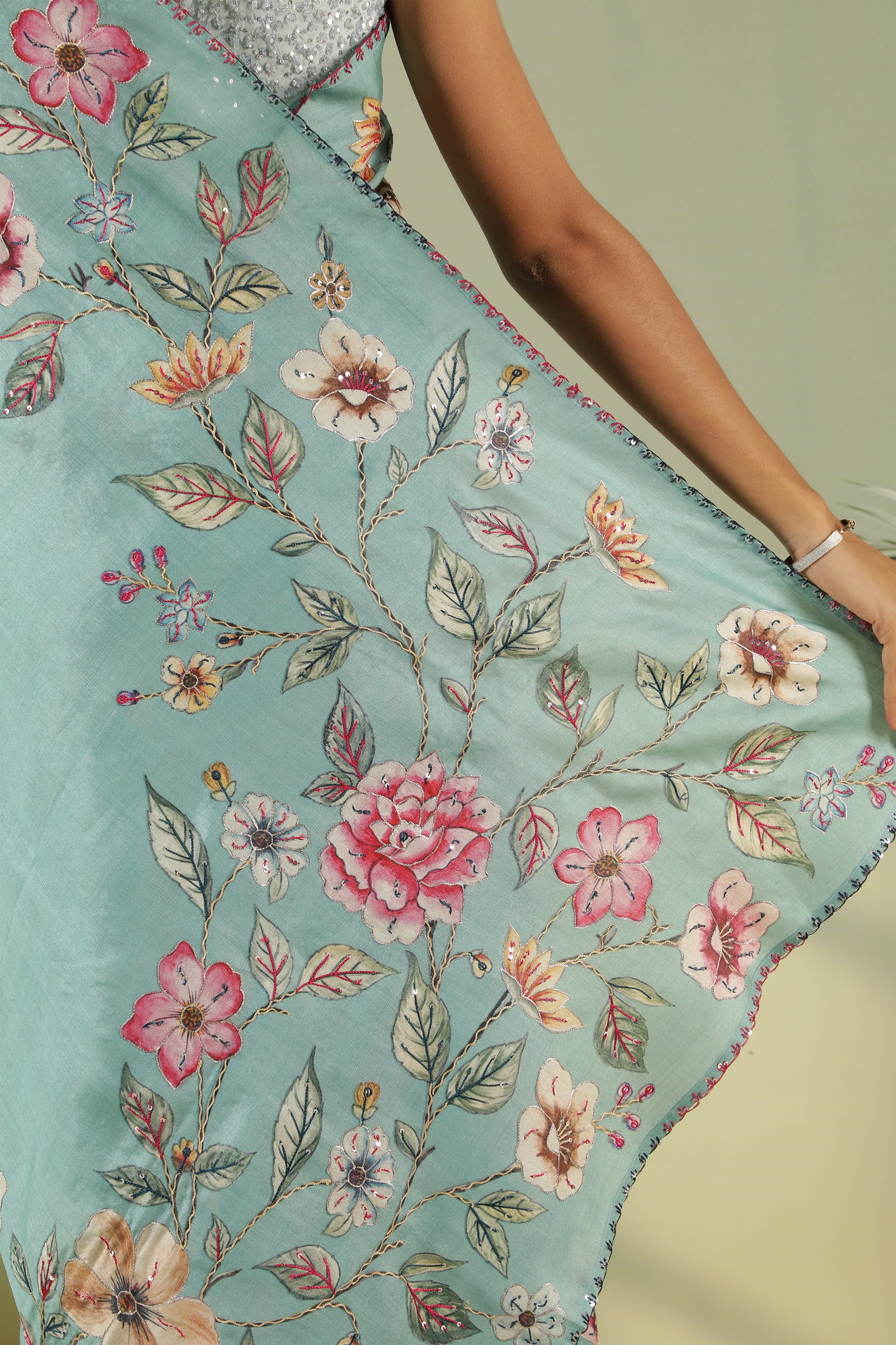Sky Blue Tussar Silk Saree with Embroidery & Zari Work