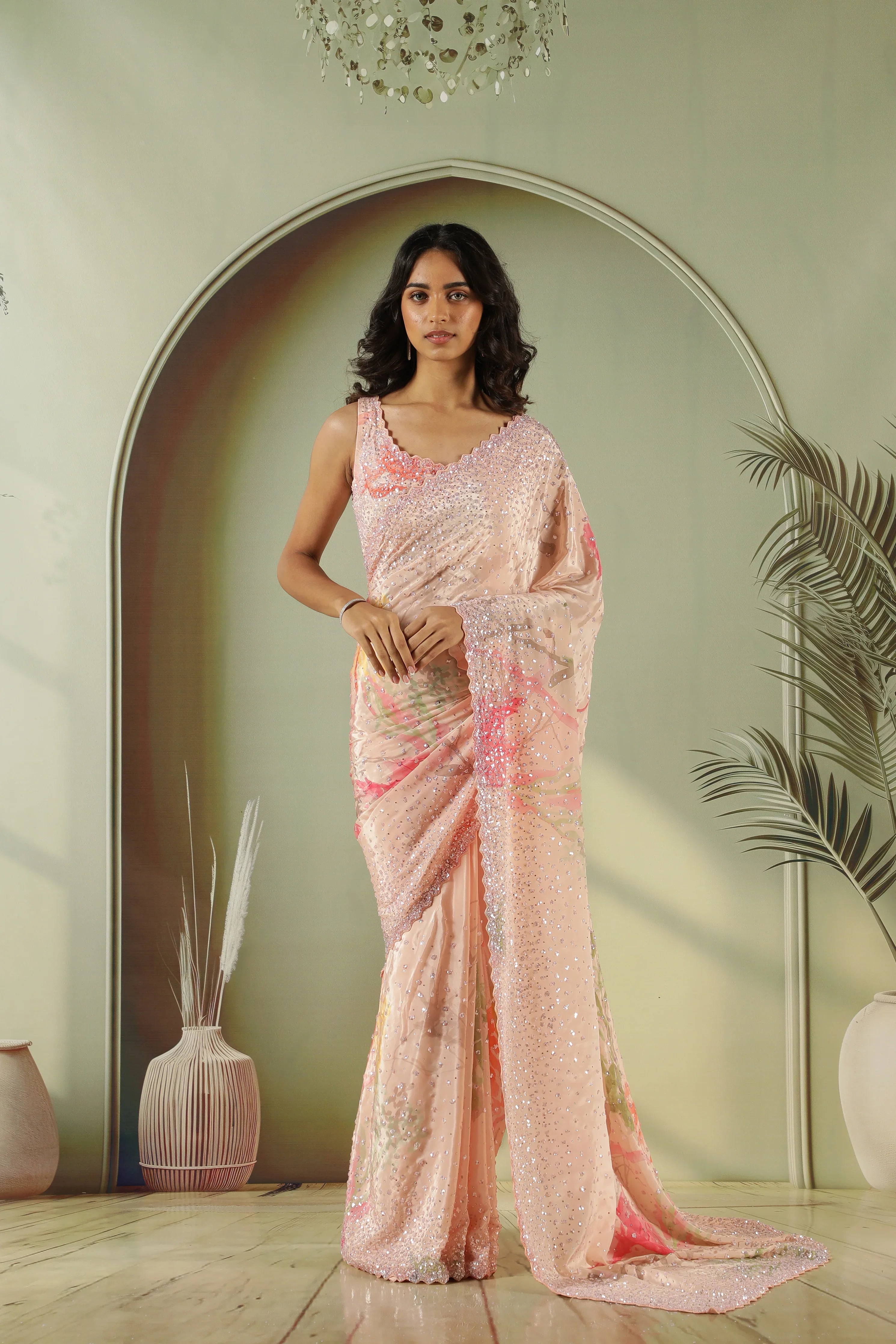 Peach Satin Printed Saree with Sequins Work & Readymade Blouse | Mokshaa