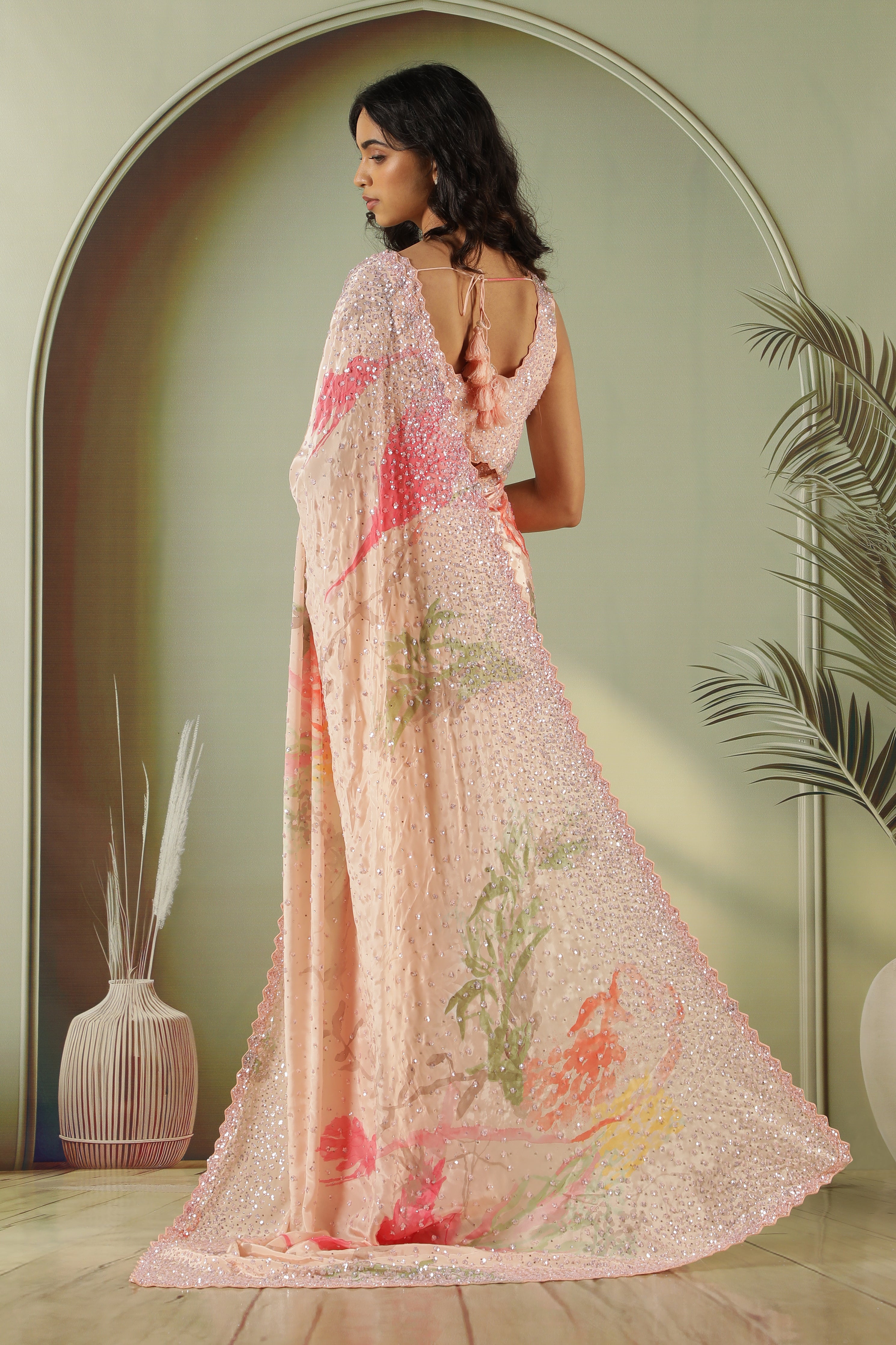 Peach Satin Printed Saree with Sequins Work & Readymade Blouse