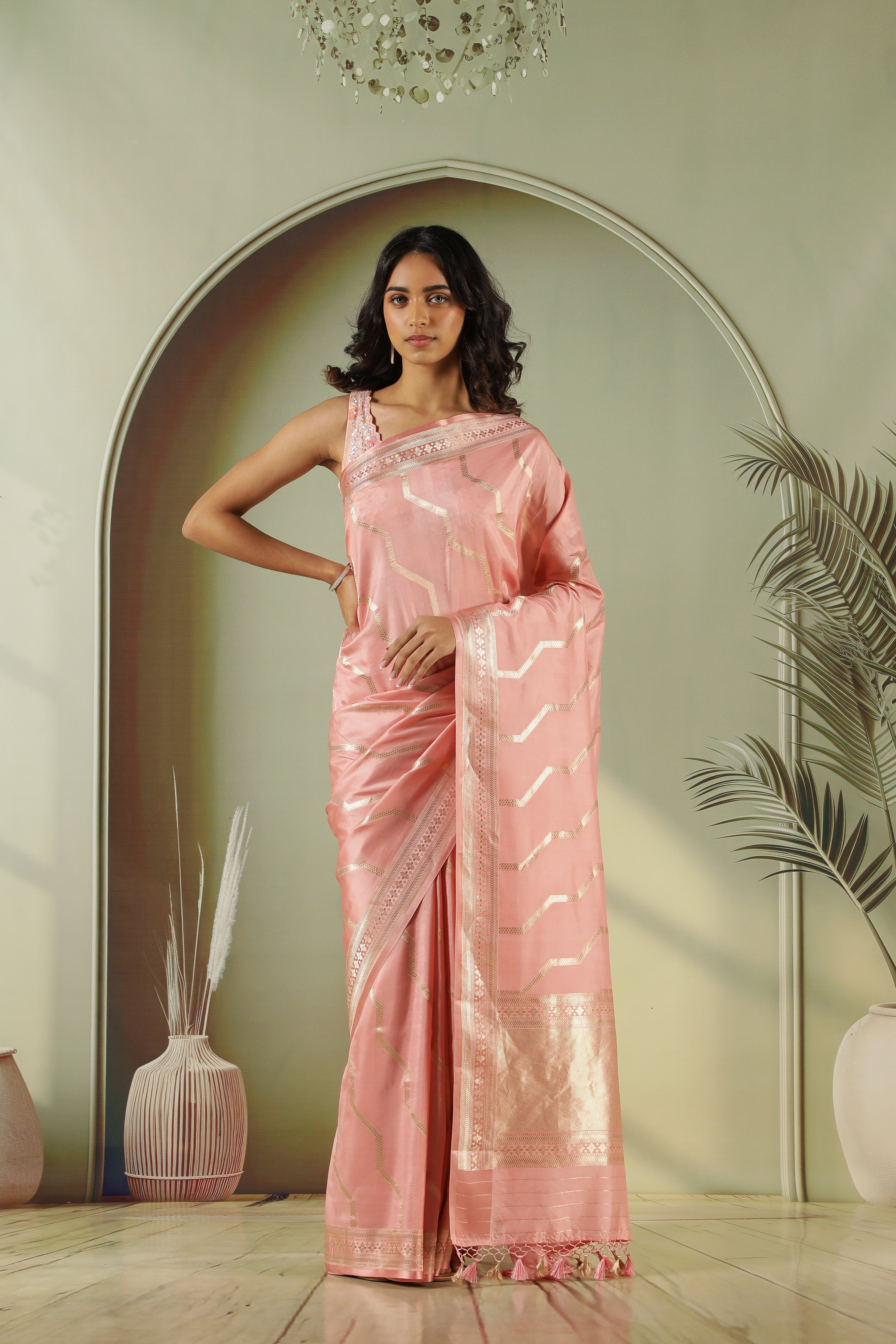 Peach Banarasi Silk Saree with Zari Stripes & Border