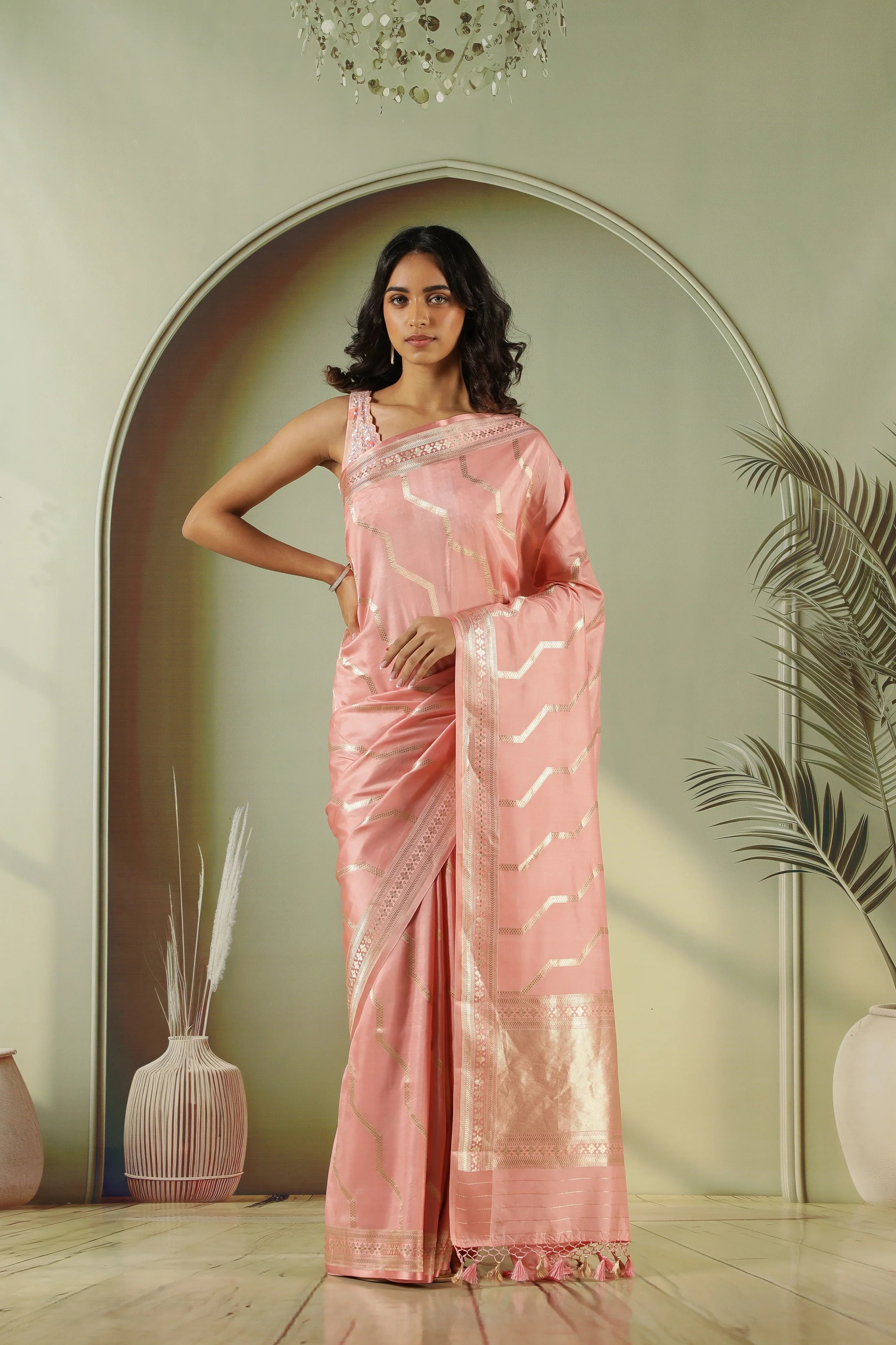Peach Banarasi Silk Saree with Zari Stripes & Border | Mokshaa