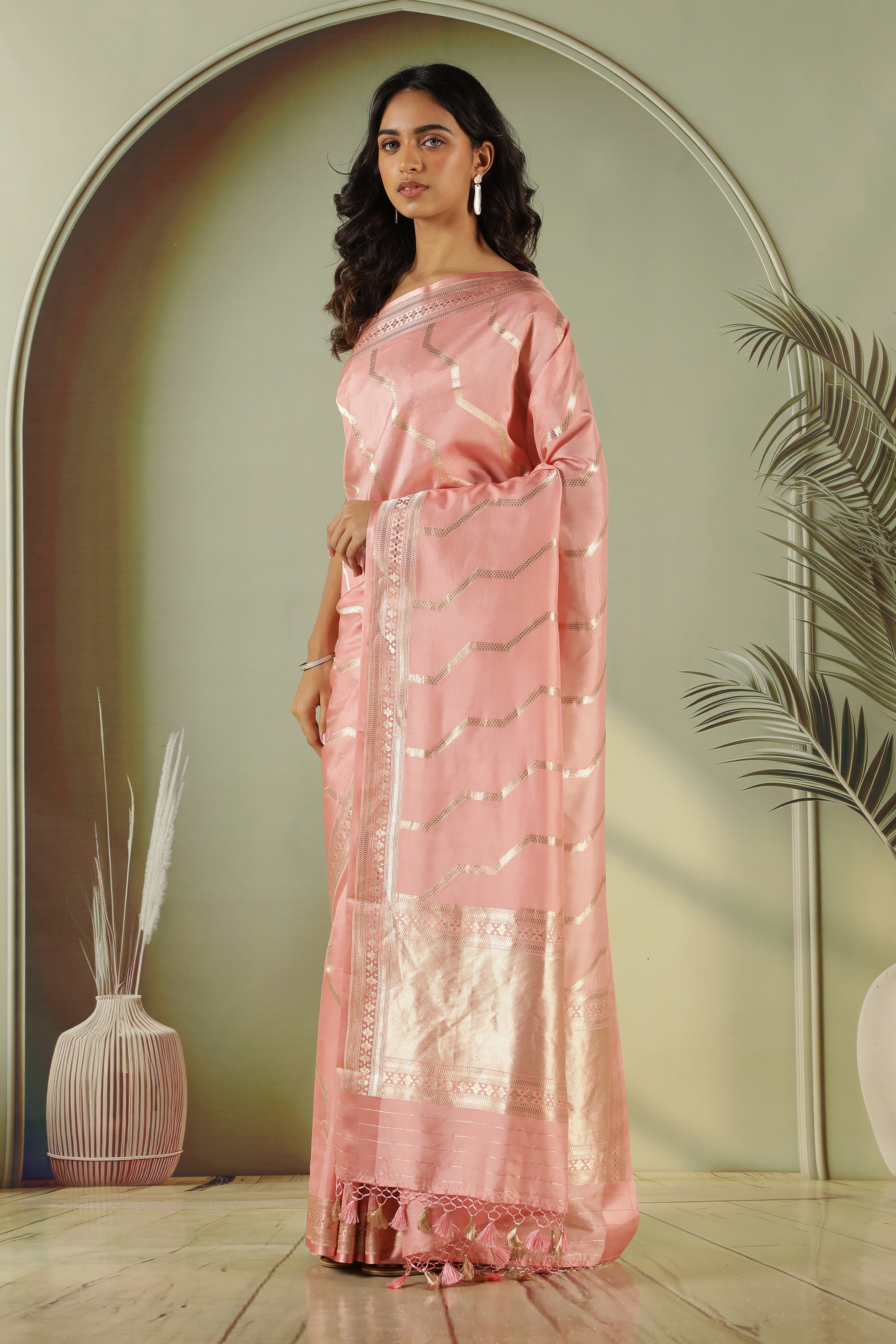 Peach Banarasi Silk Saree with Zari Stripes & Border