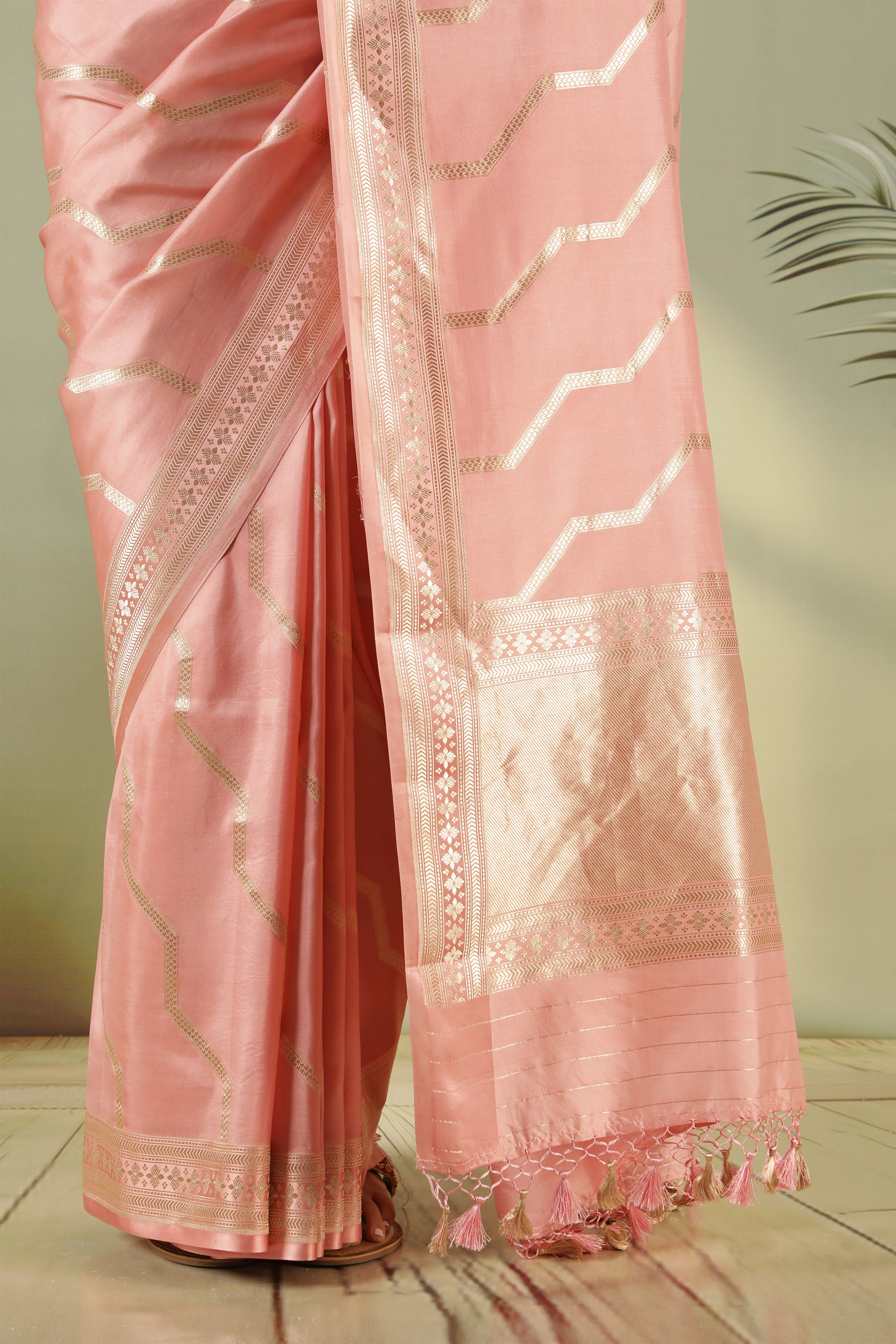 Peach Banarasi Silk Saree with Zari Stripes & Border