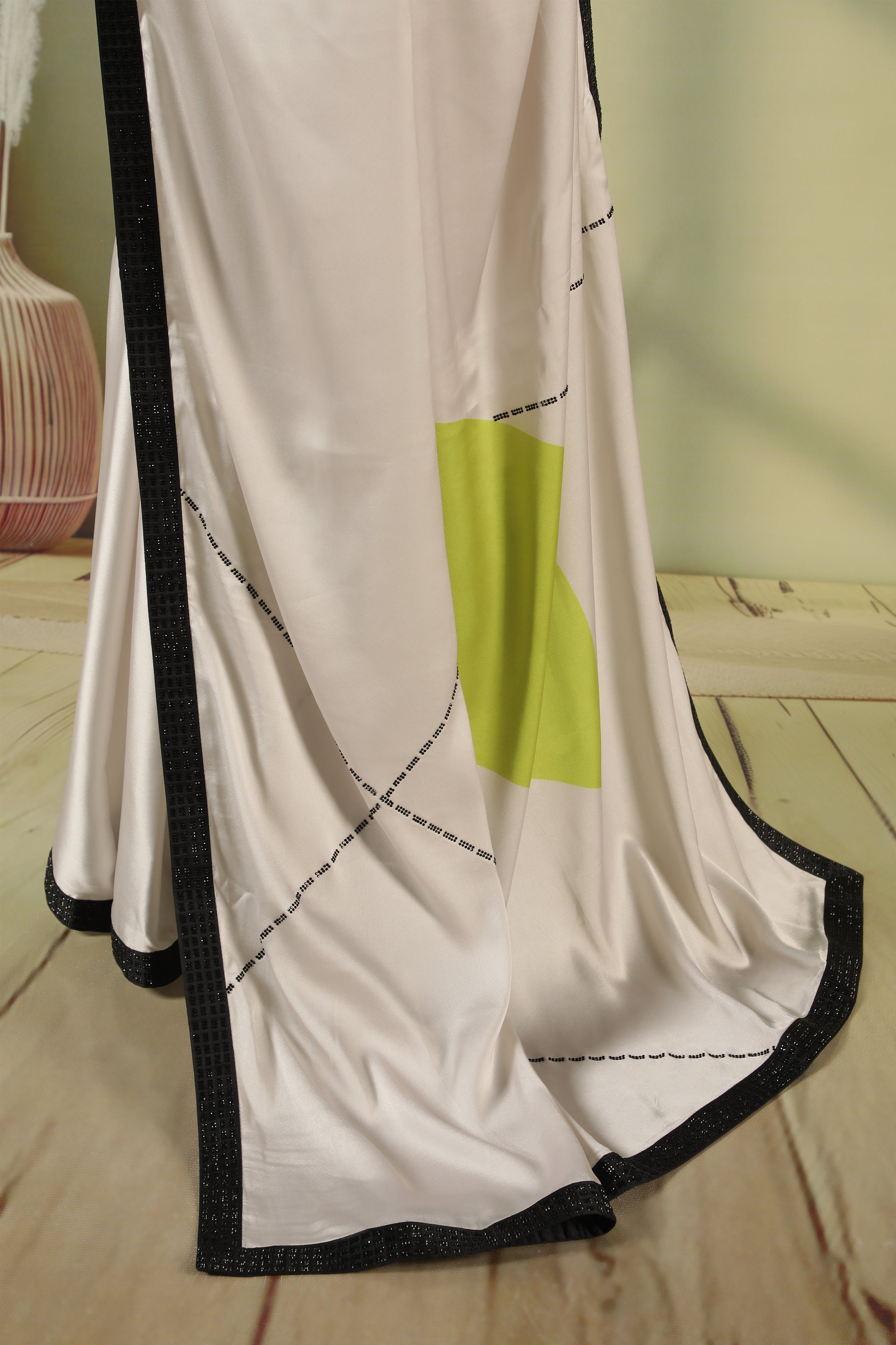 Off-White Satin Saree with Black Bead Work Border & Contrast Blouse