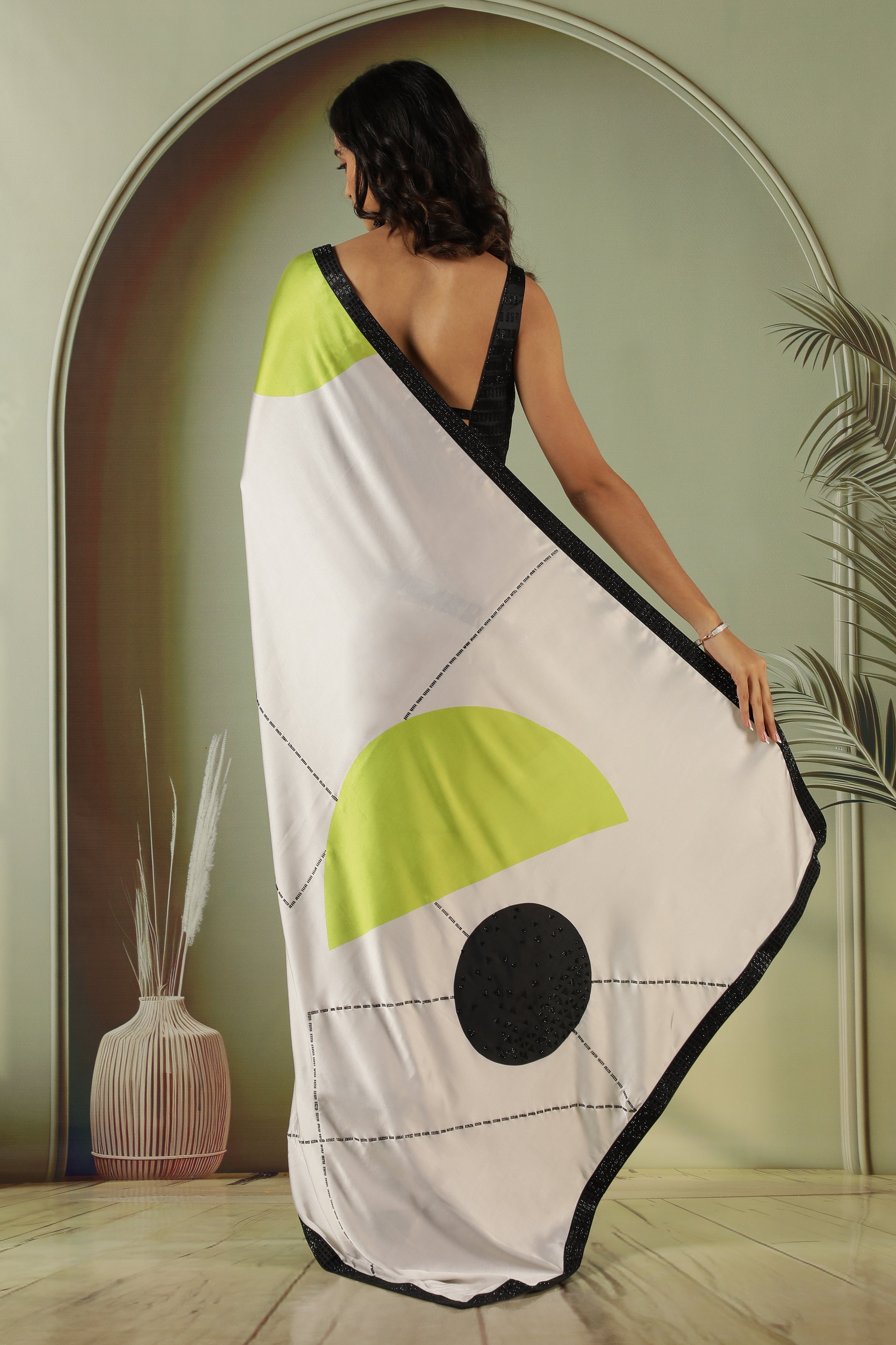 Off-White Satin Saree with Black Bead Work Border & Contrast Blouse