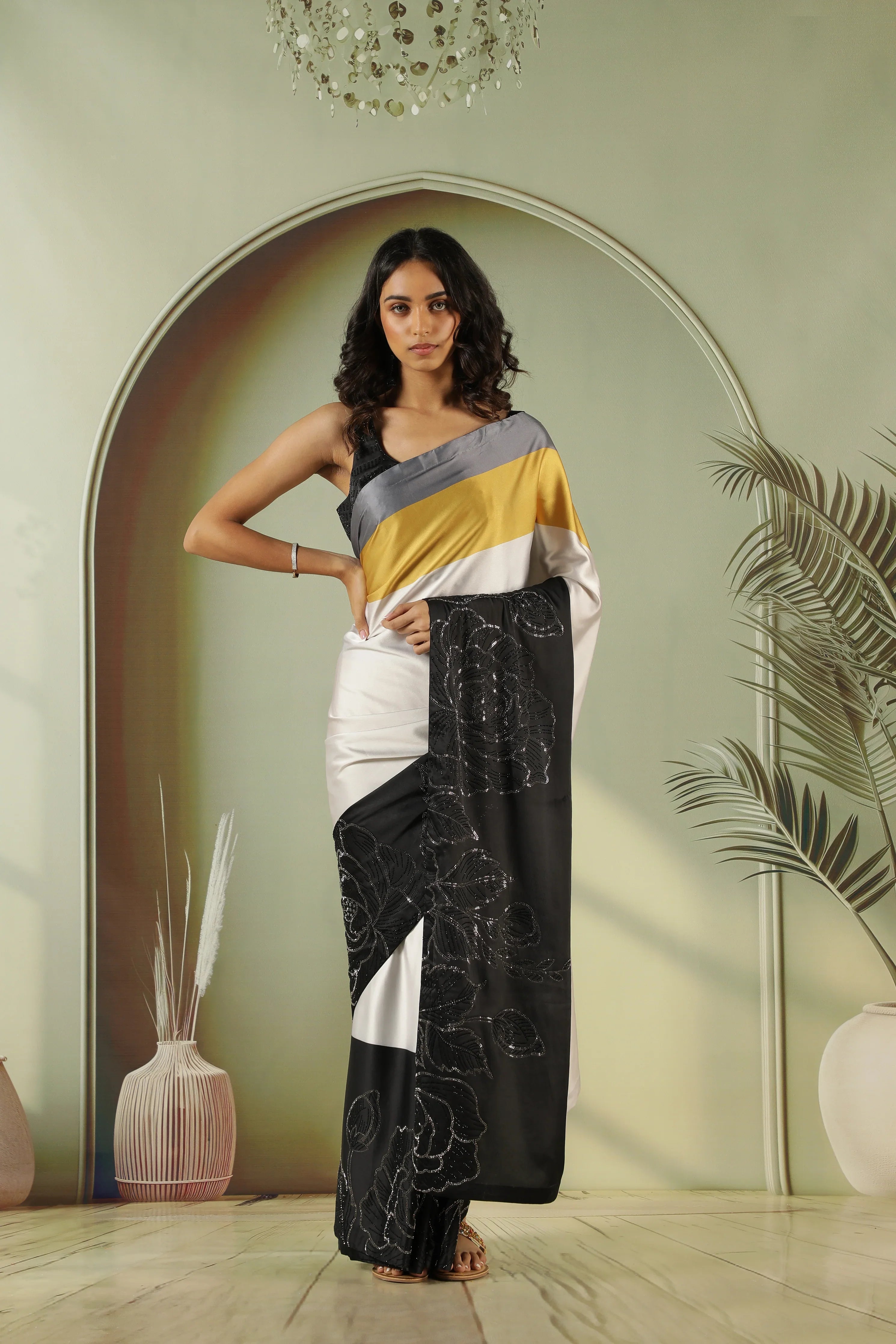 Off-White & Black Satin Saree with Bead Work Border | Mokshaa