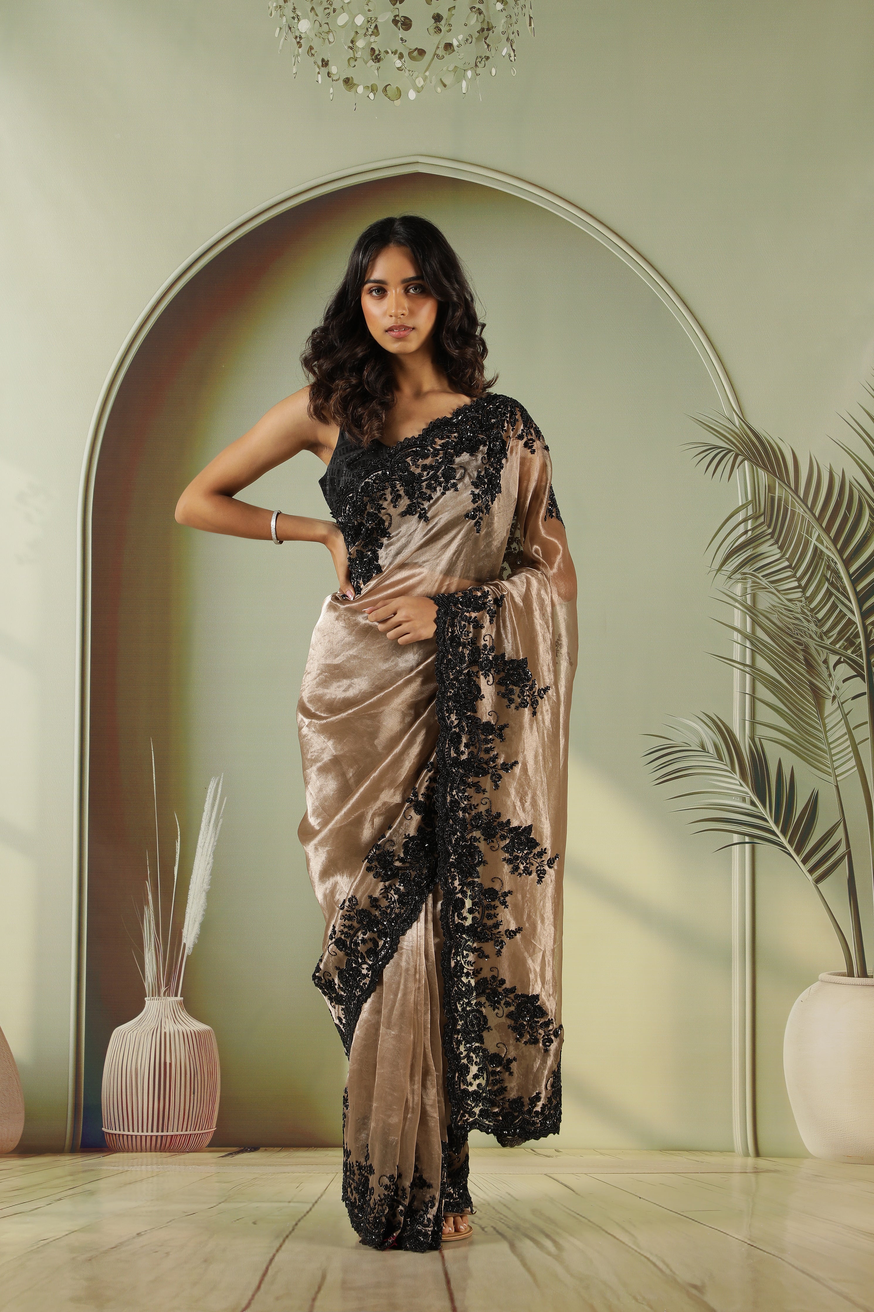 Antique Gold Tissue Saree with Black Bead Border