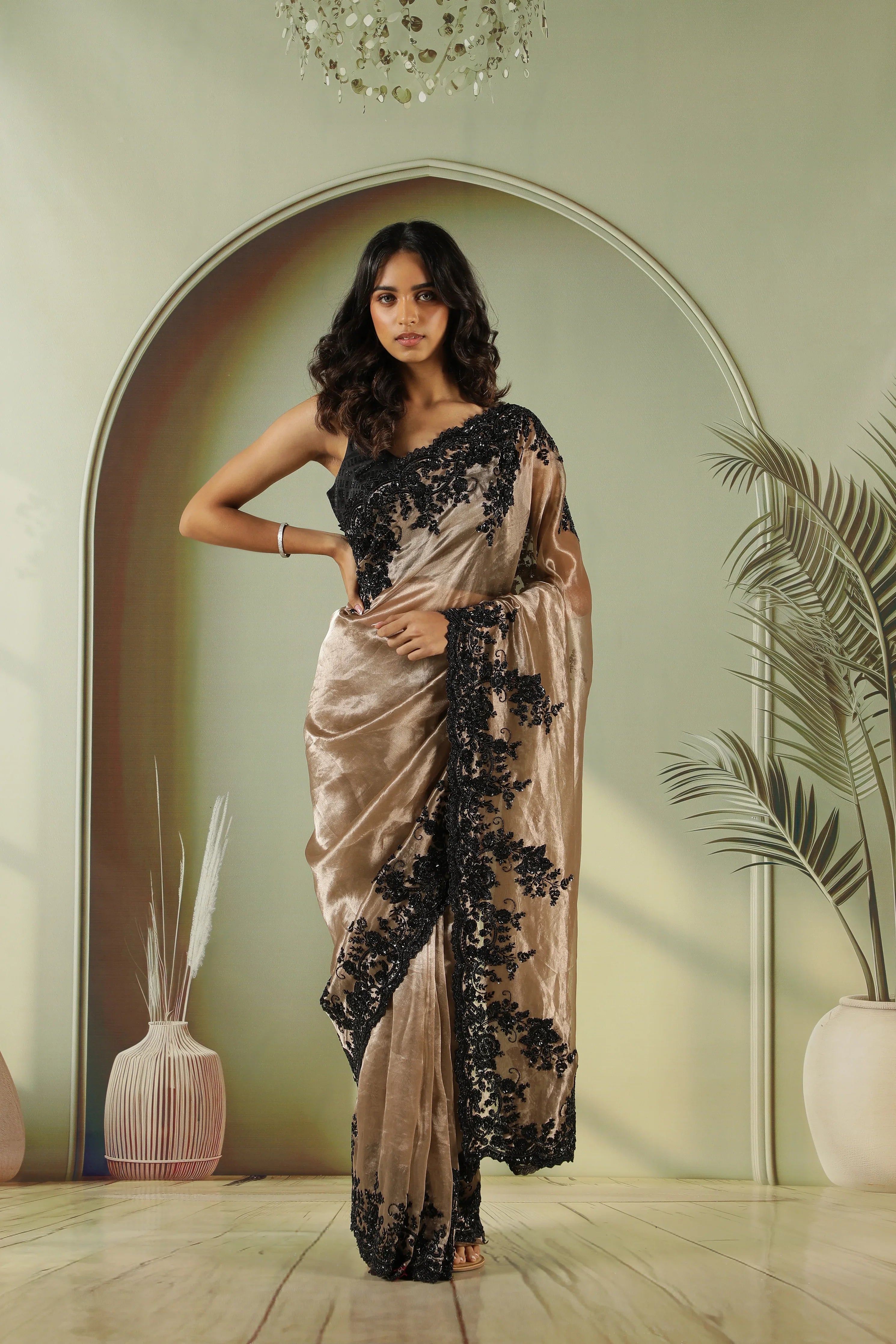 Antique Gold Tissue Saree with Black Bead Border | Mokshaa