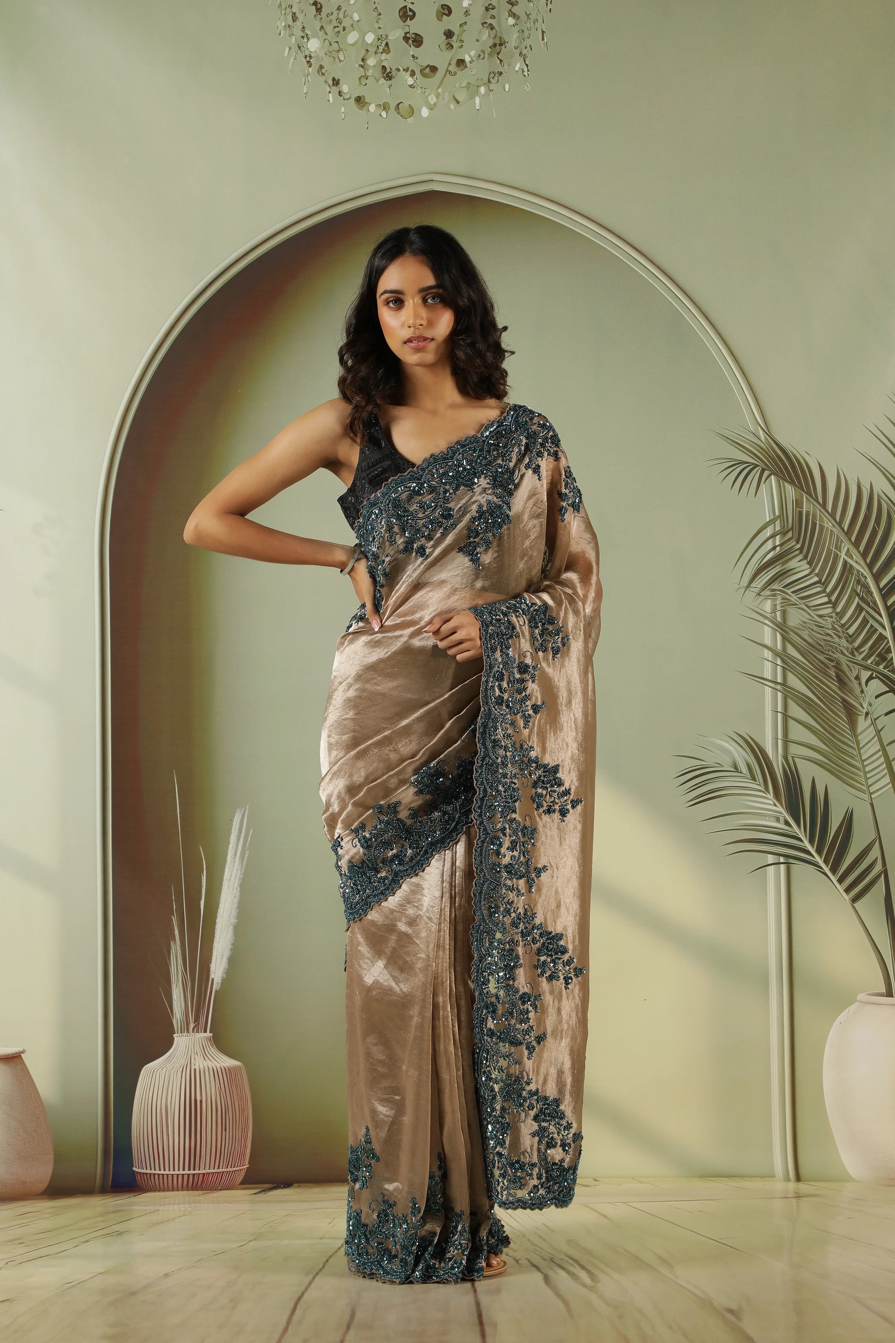 Antique Gold Tissue Saree with Peacock Bead & Sequin Border | Mokshaa