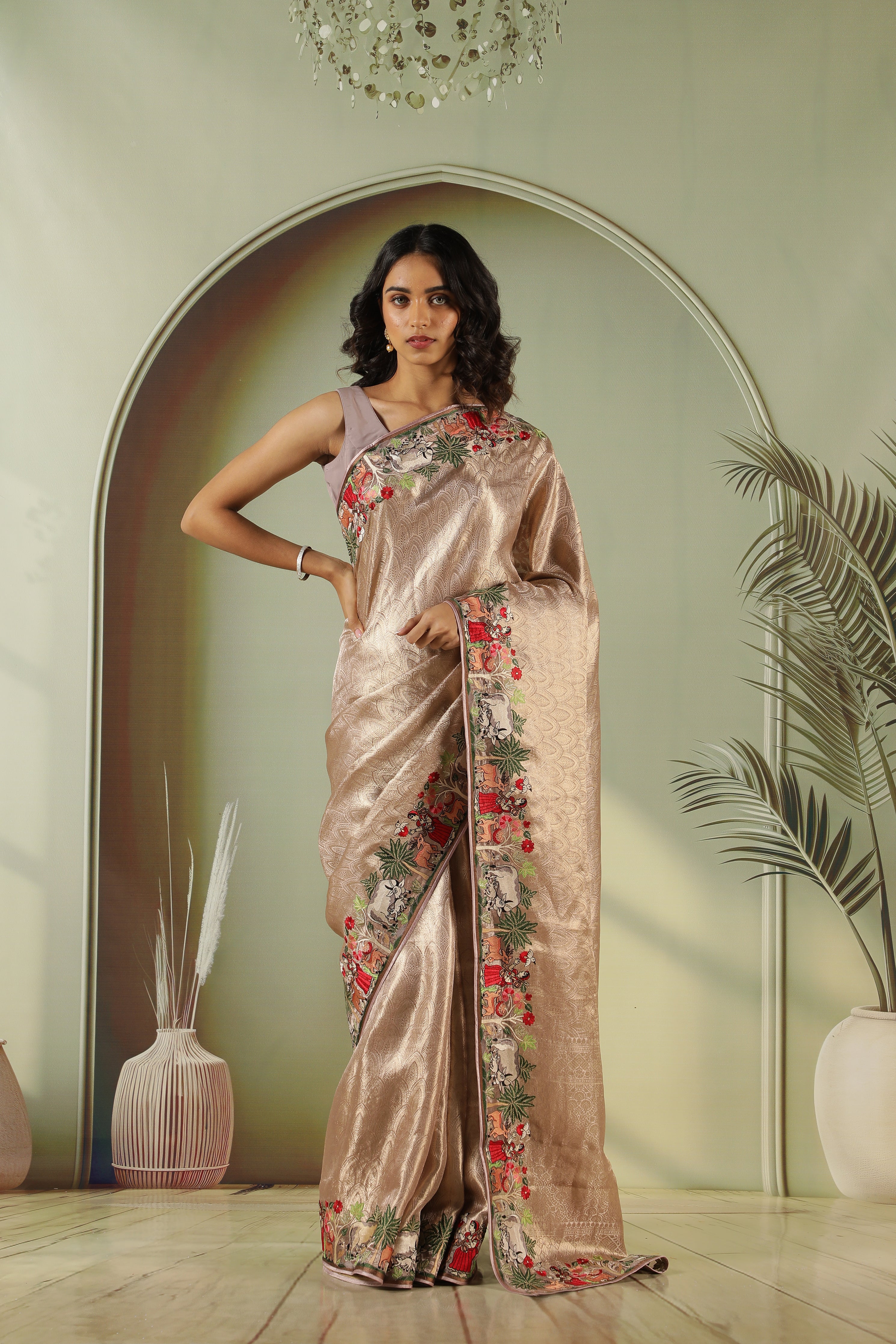 Golden Tissue Saree with Embroidered Border