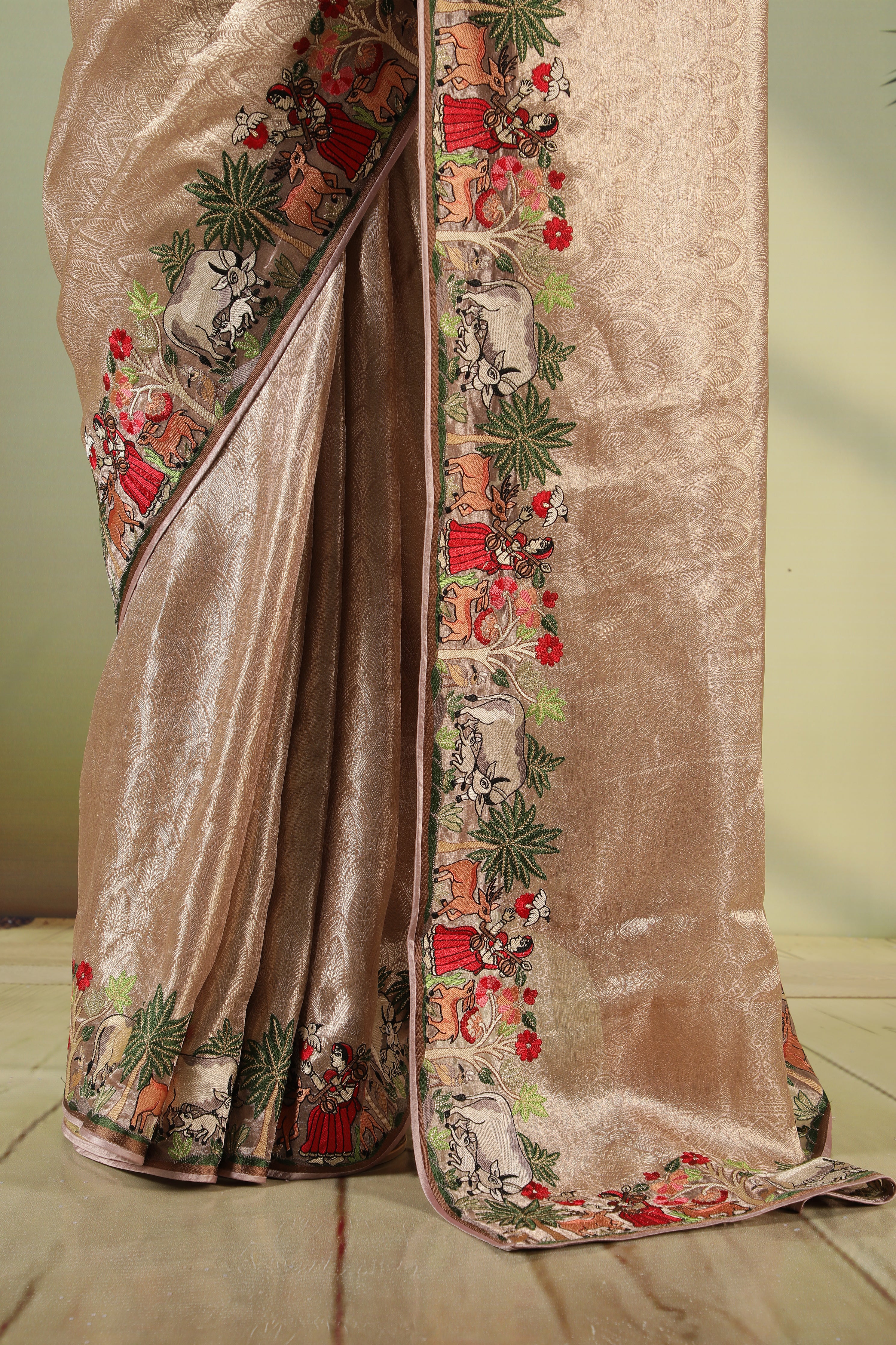 Golden Tissue Saree with Embroidered Border
