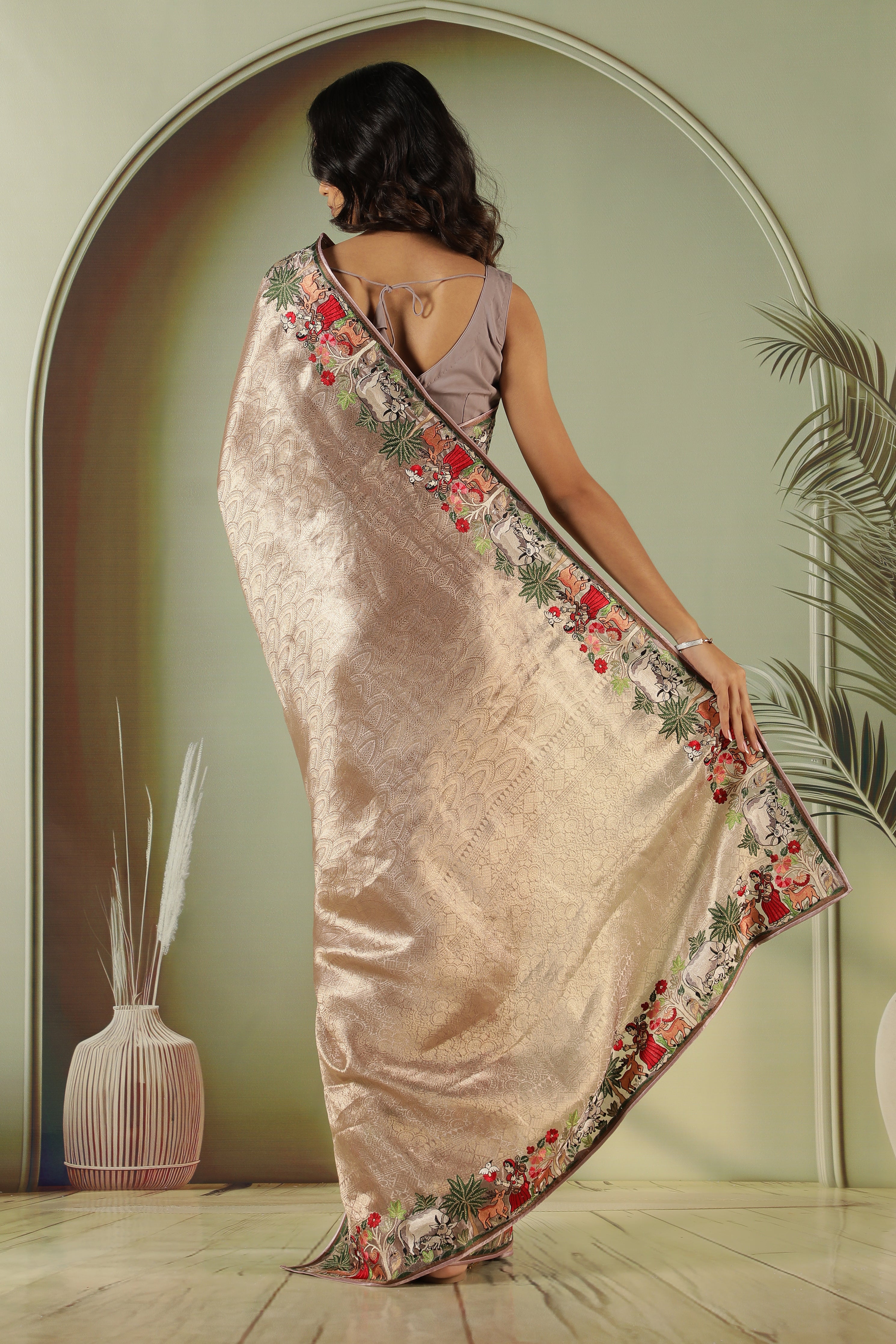 Golden Tissue Saree with Embroidered Border
