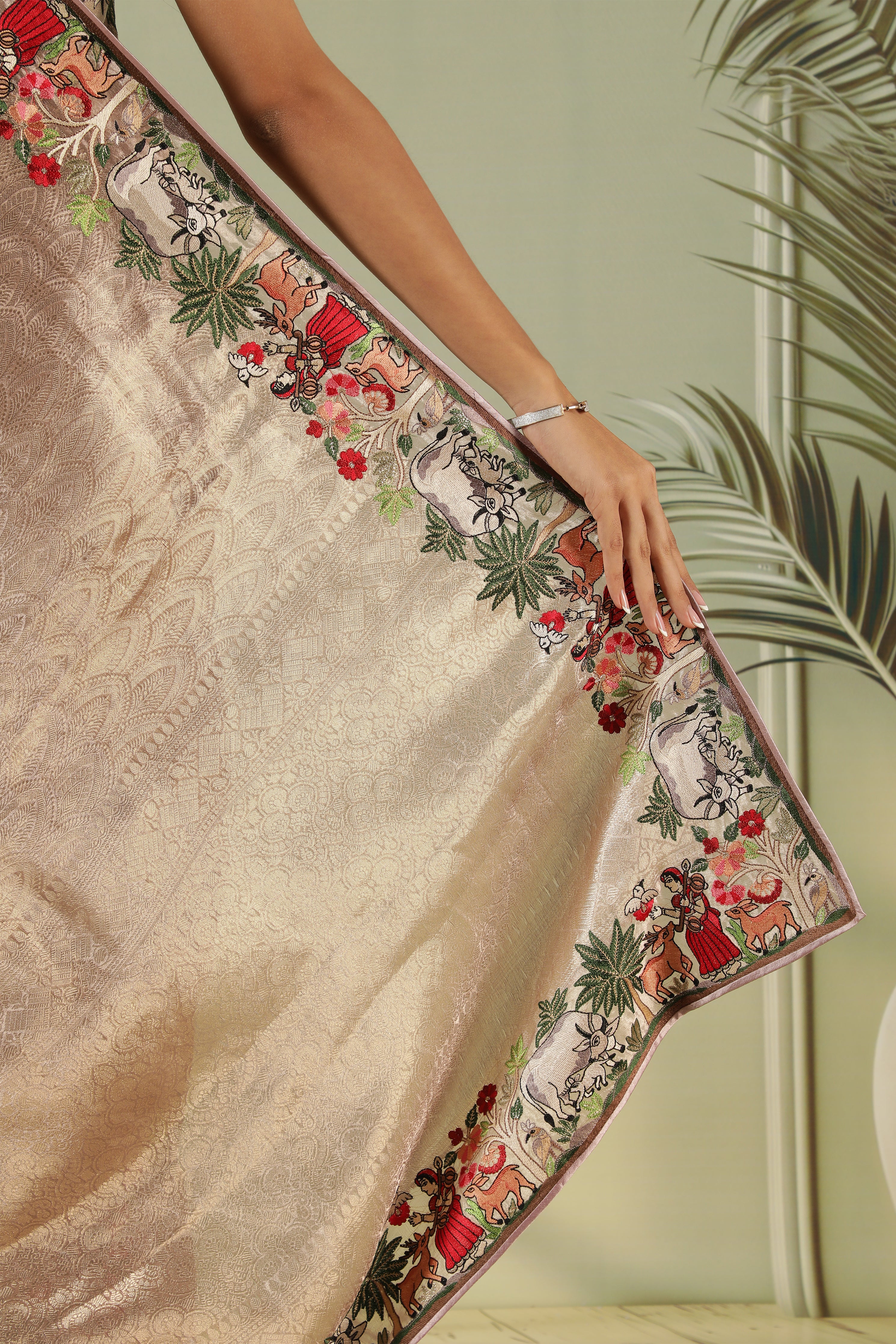 Golden Tissue Saree with Embroidered Border