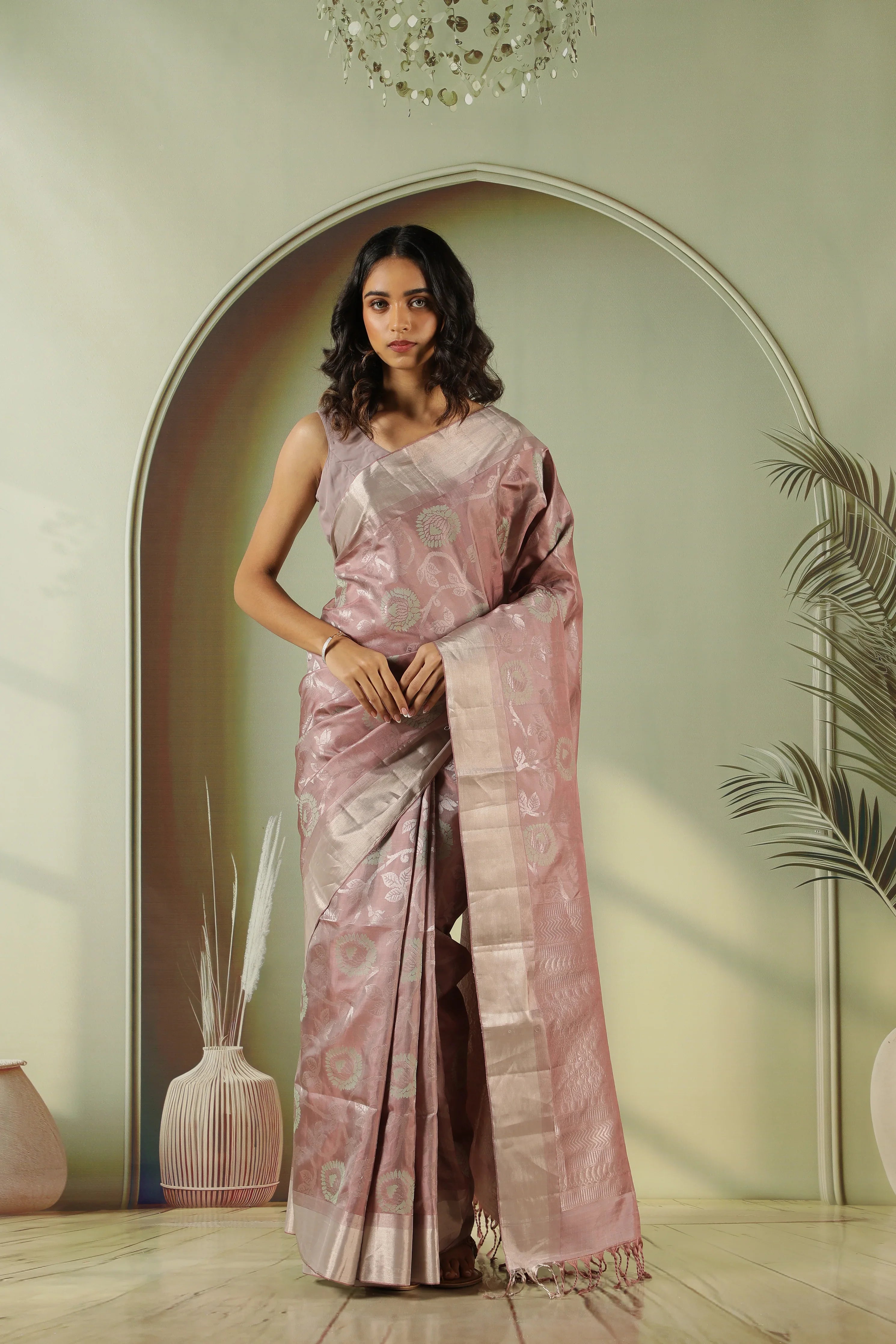 Dust Pink Soft Silk Saree with Allover Jaal & Zari Border | Mokshaa