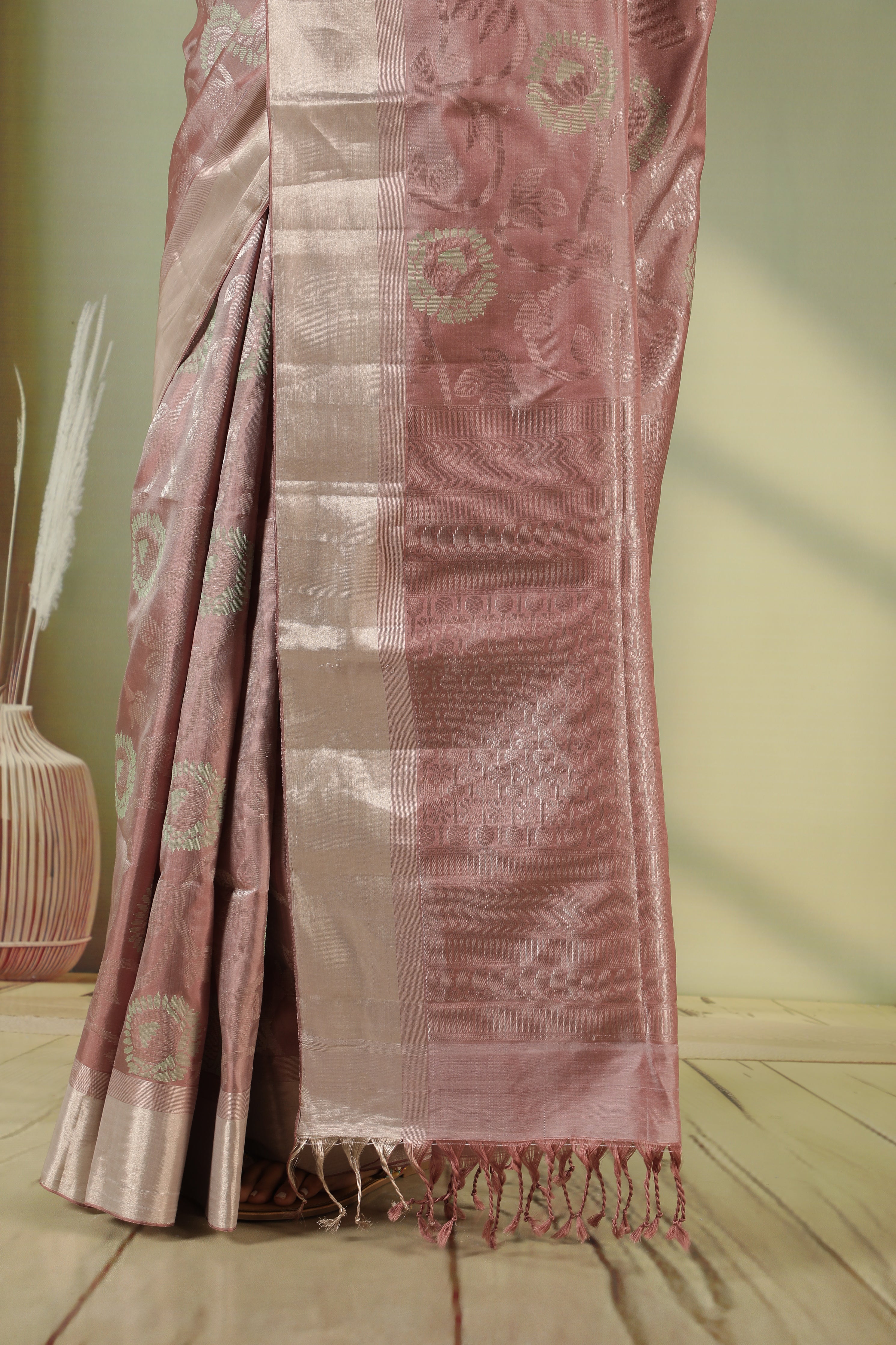 Dust Pink Soft Silk Saree with Allover Jaal & Zari Border