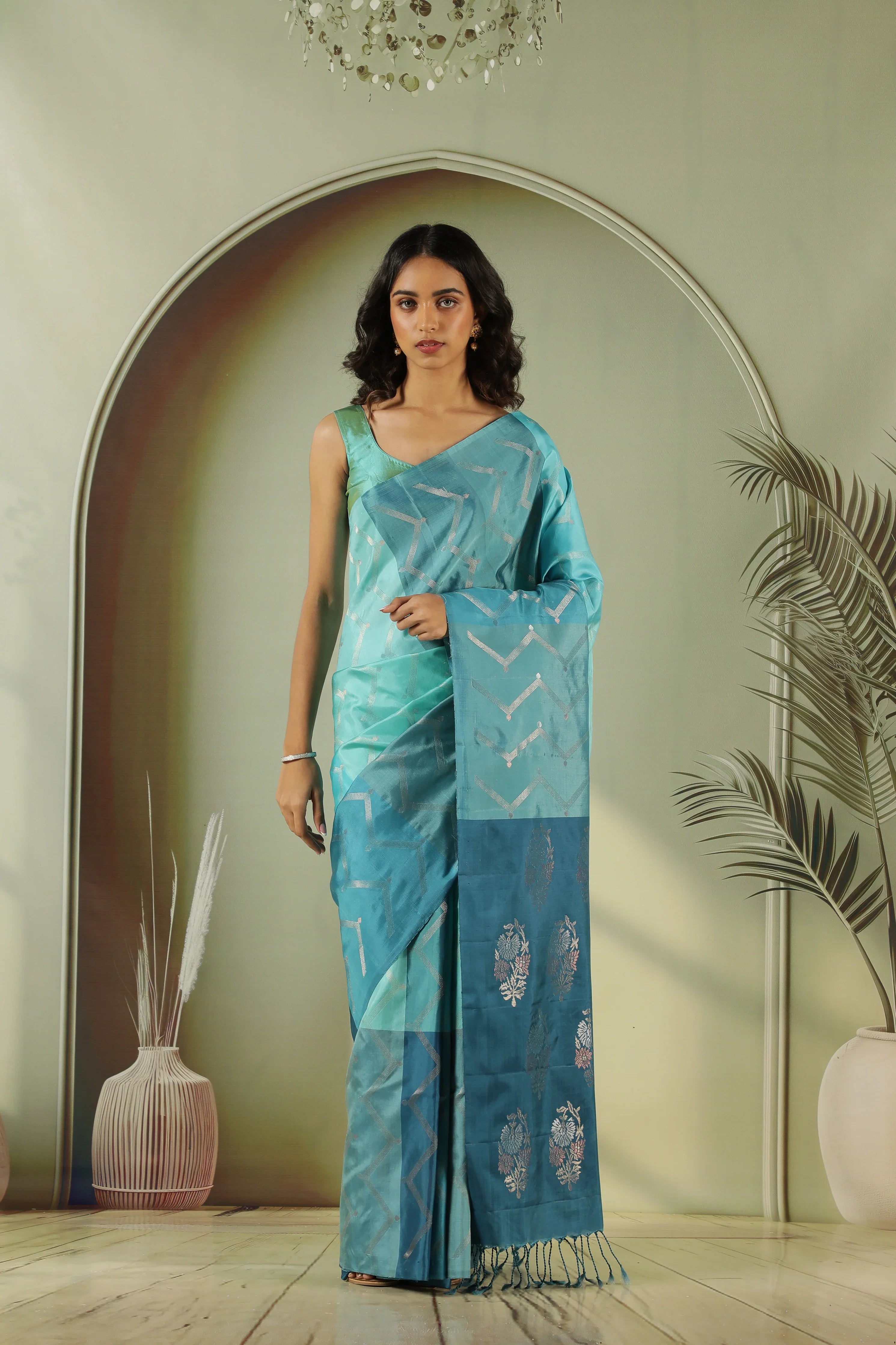 Turquoise Blue Soft Silk Saree with Zari Stripes & Contrast Blouse | Mokshaa
