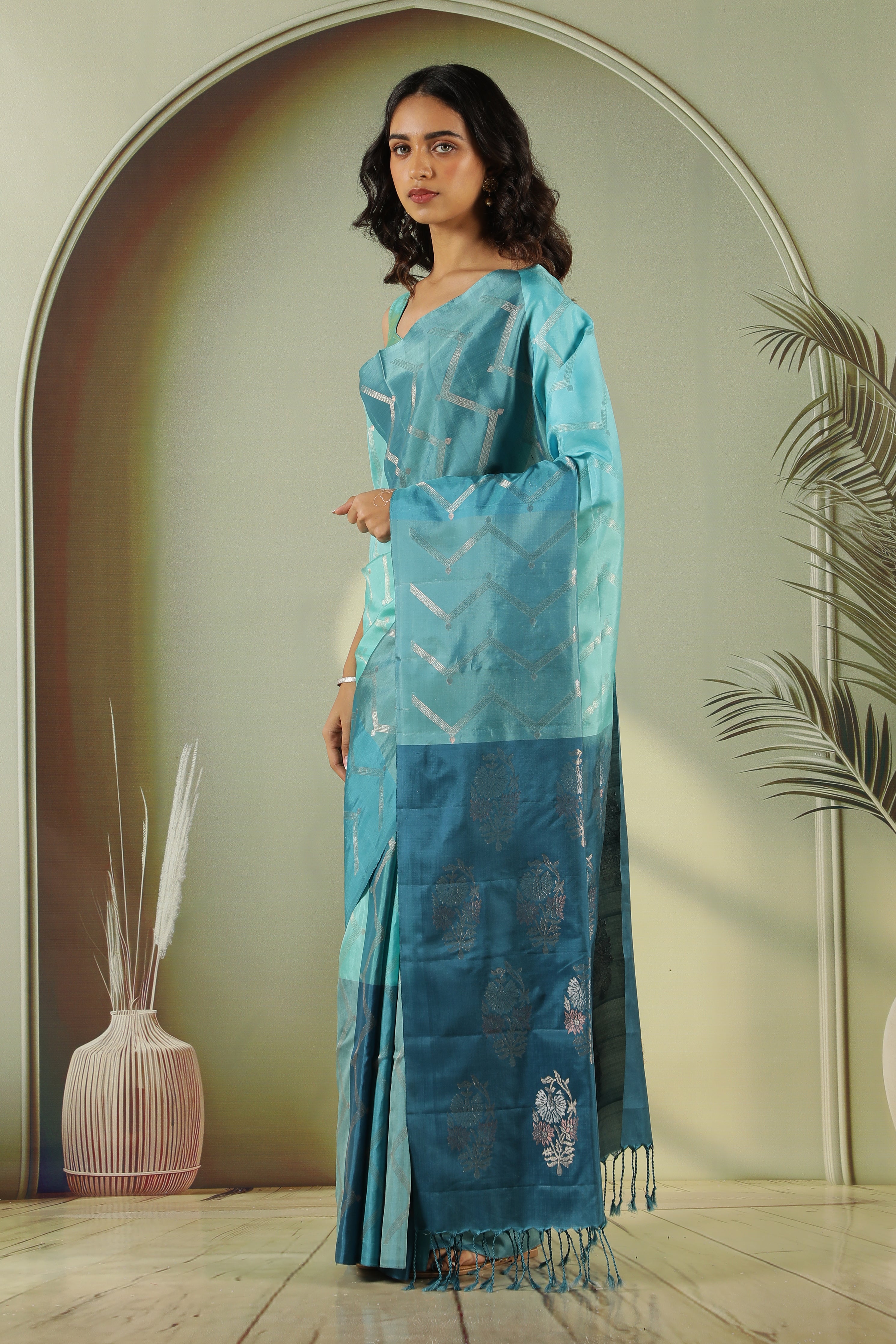 Turquoise Blue Soft Silk Saree with Zari Stripes & Contrast Blouse