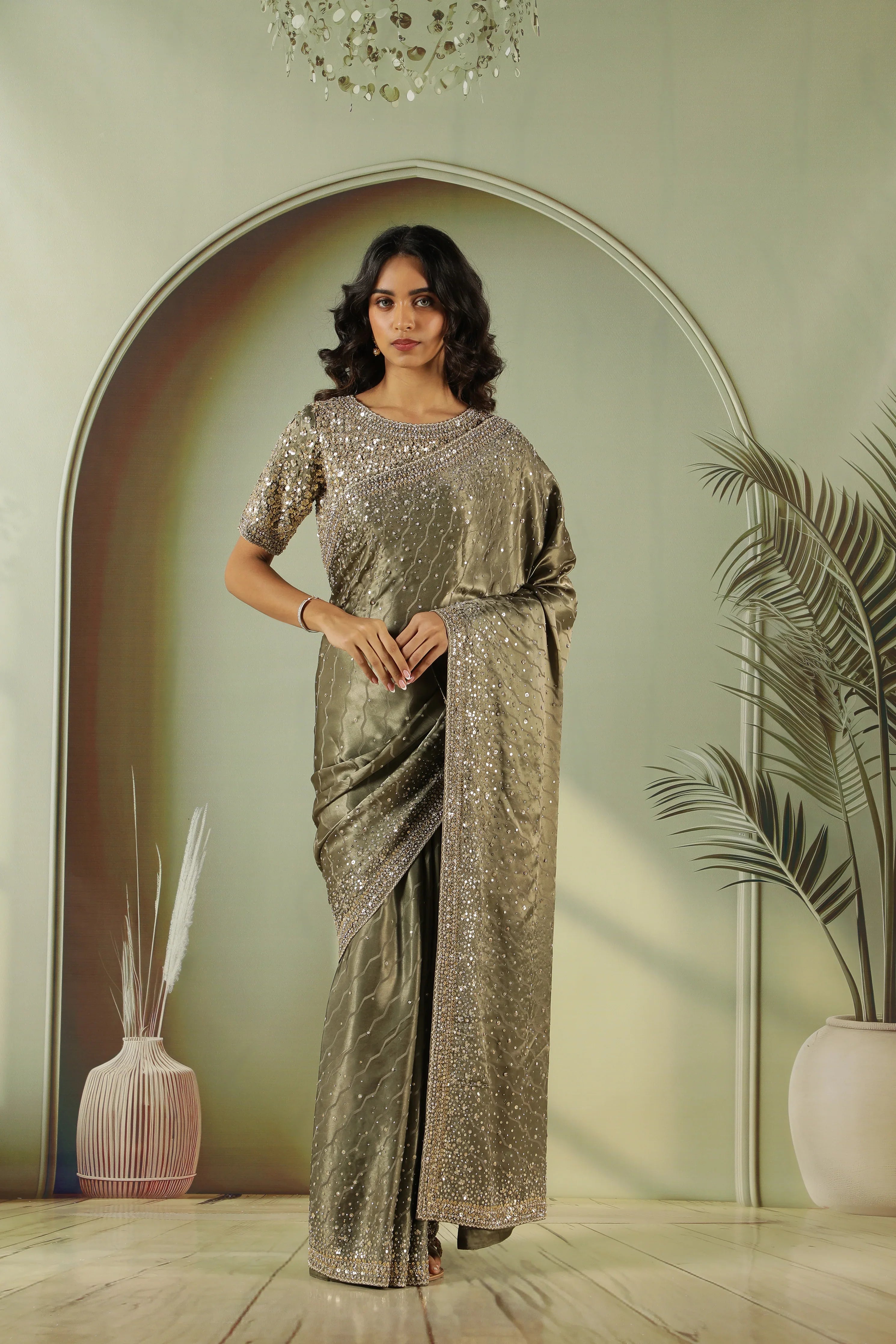Dusty Green Satin Saree with Full Sequins Work & Readymade Blouse | Mokshaa