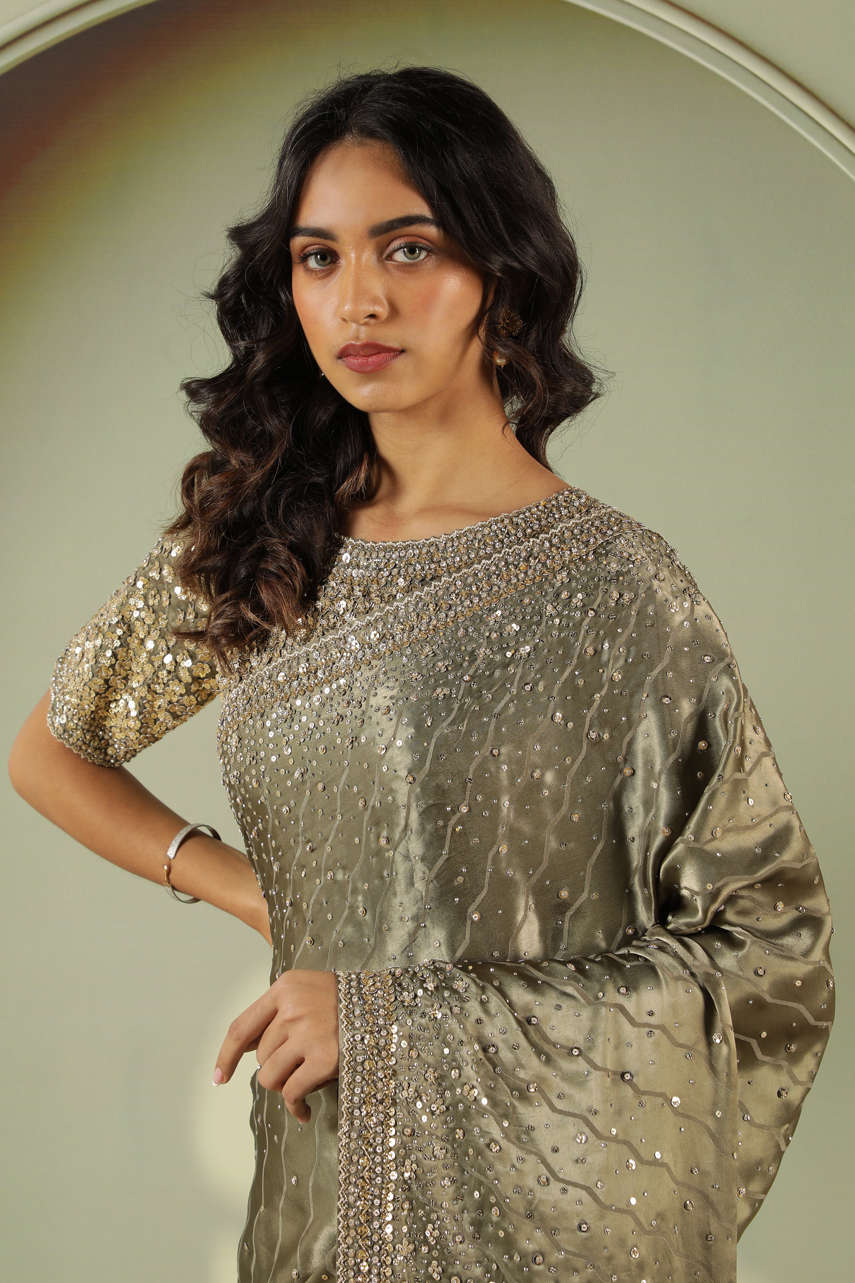 Elephant Green Satin Saree with Full Sequins Work & Readymade Blouse