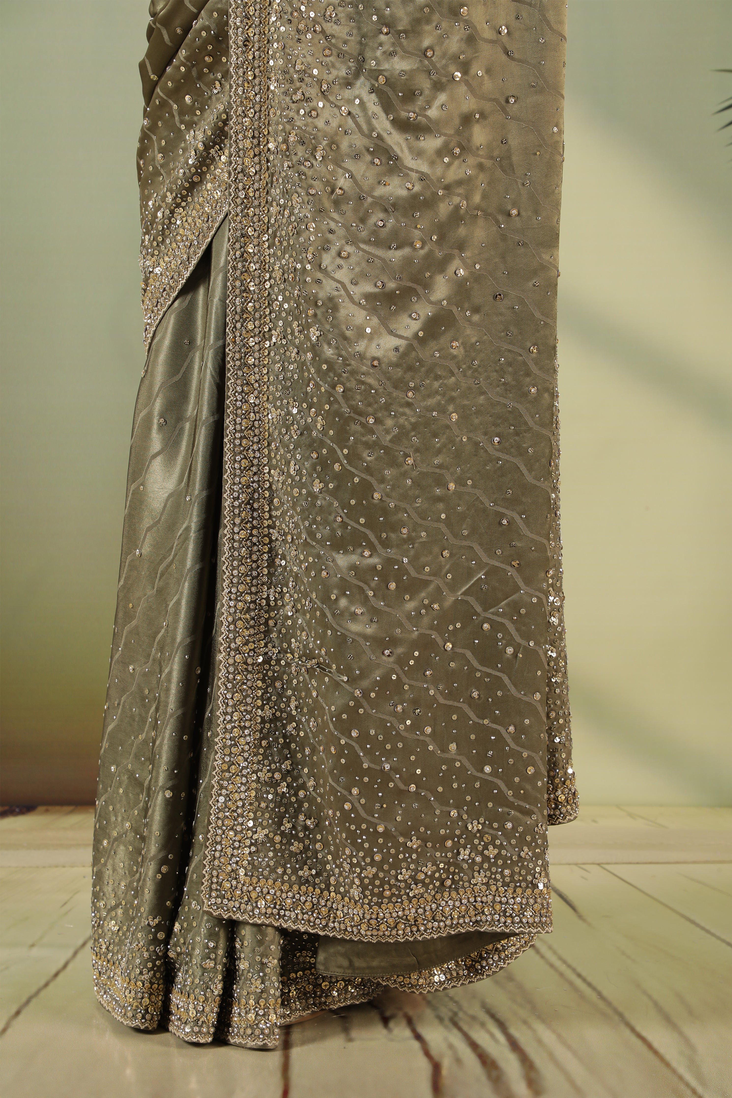 Elephant Green Satin Saree with Full Sequins Work & Readymade Blouse