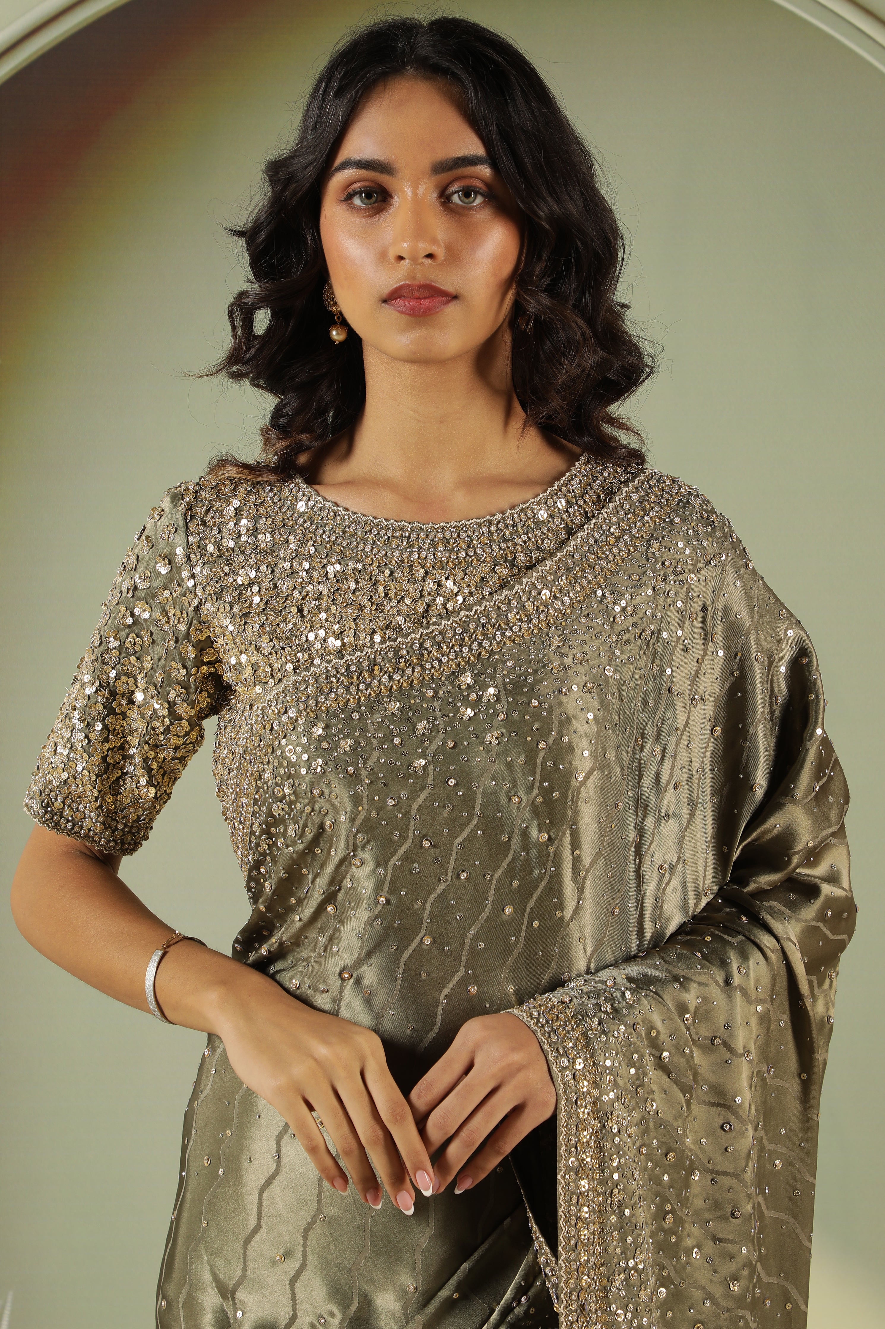Elephant Green Satin Saree with Full Sequins Work & Readymade Blouse