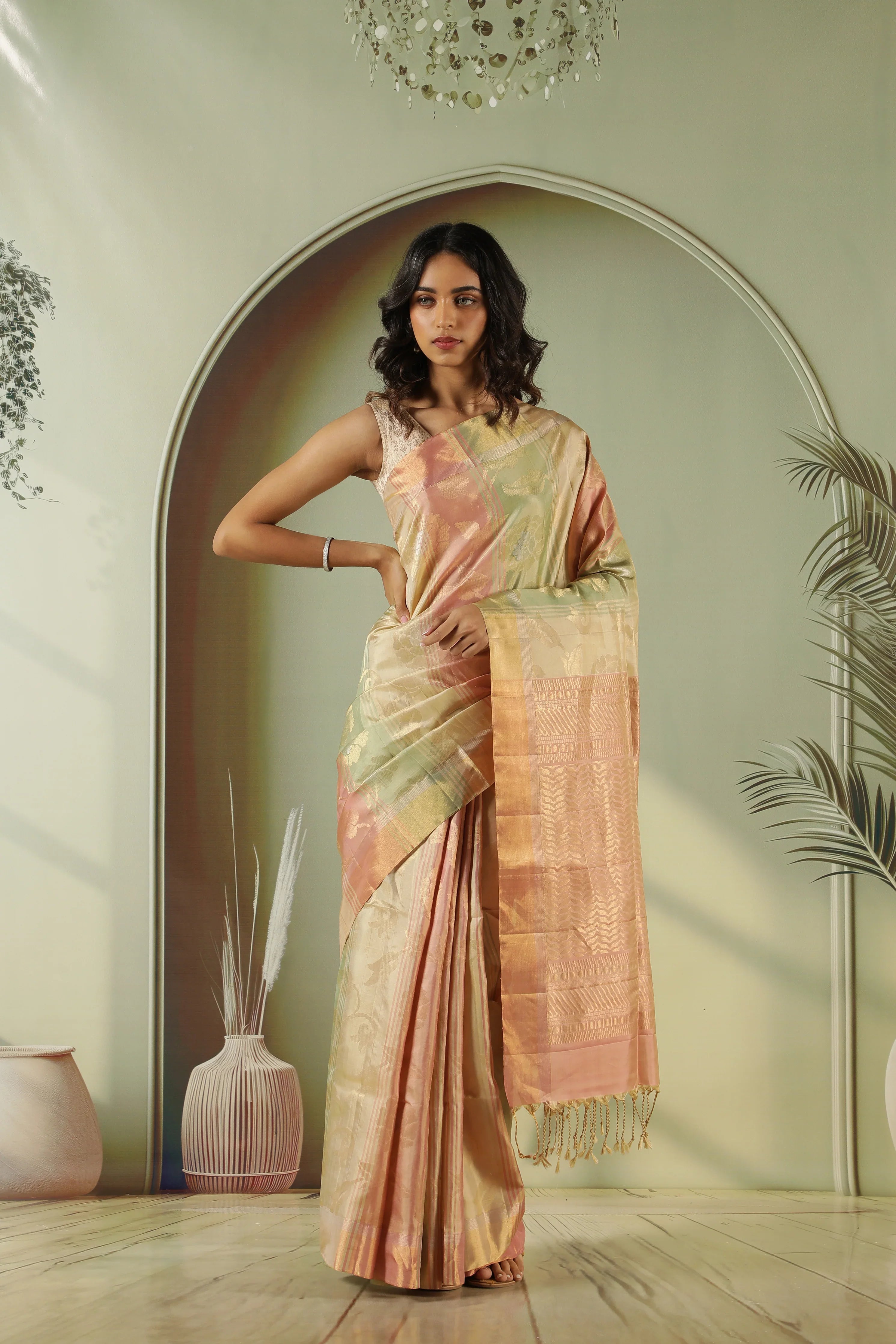 Peach Green Soft Silk Saree with Zari Jaal | Mokshaa