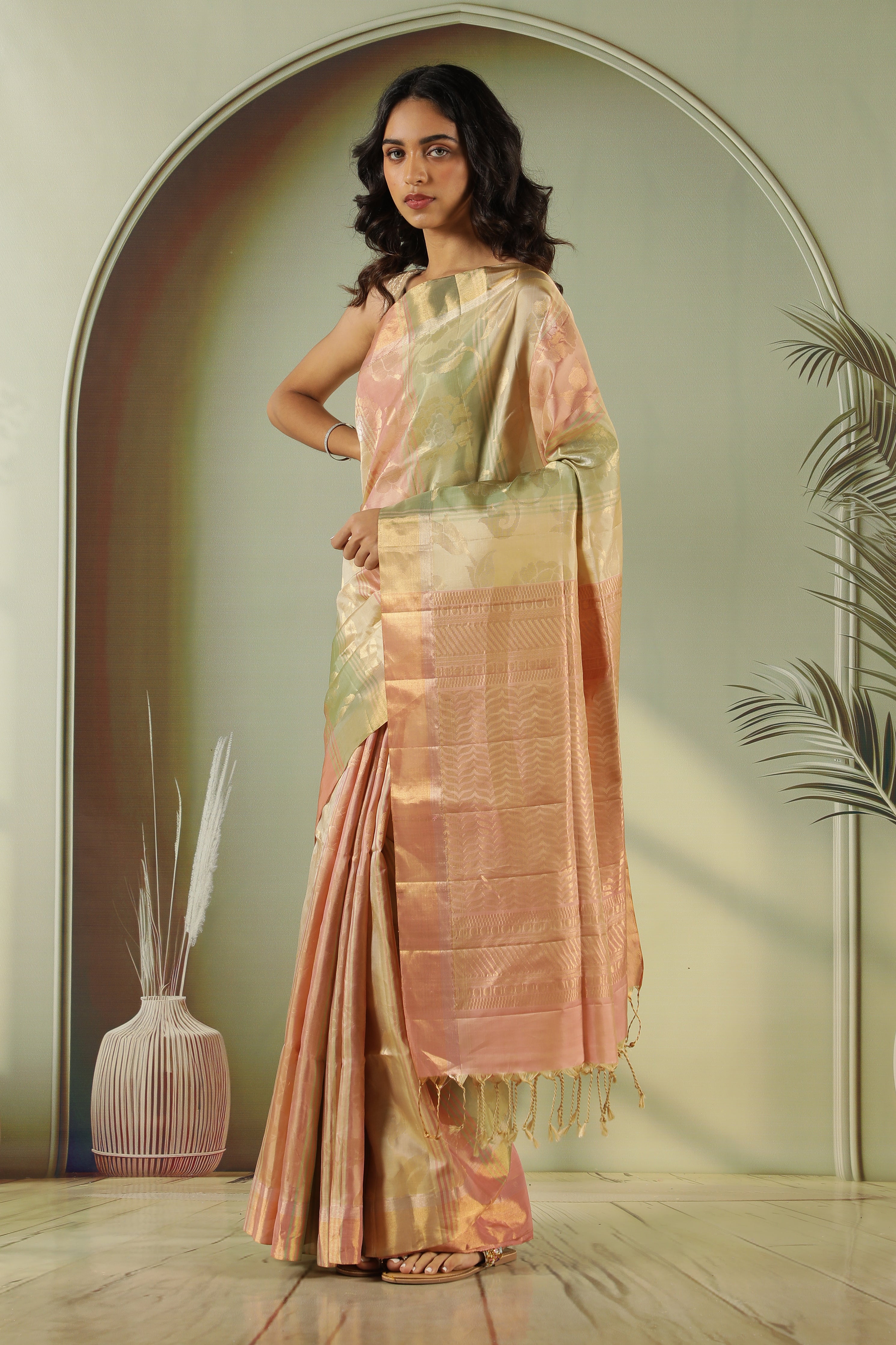 Peach Green Soft Silk Saree with Zari Jaal