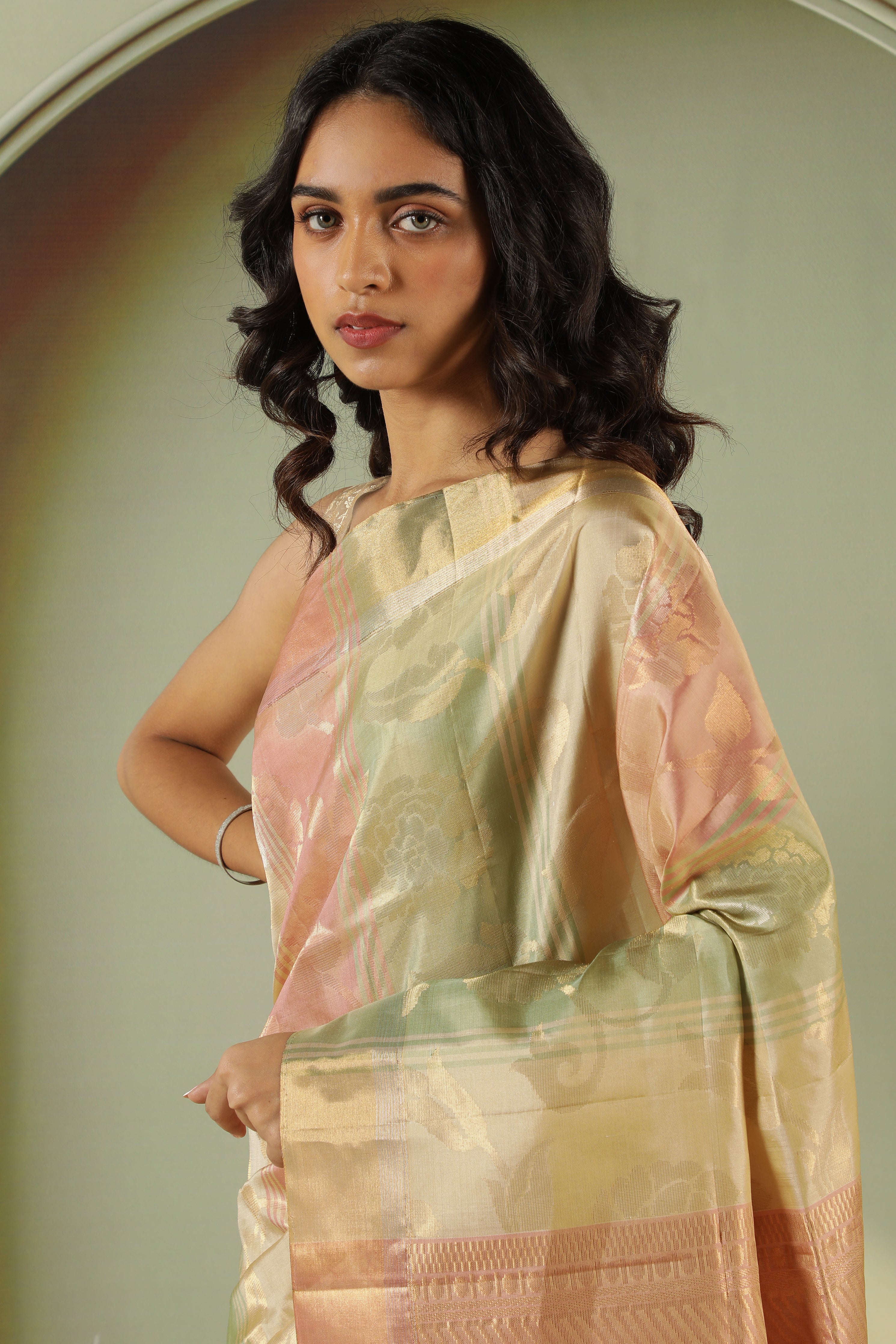 Peach Green Soft Silk Saree with Zari Jaal