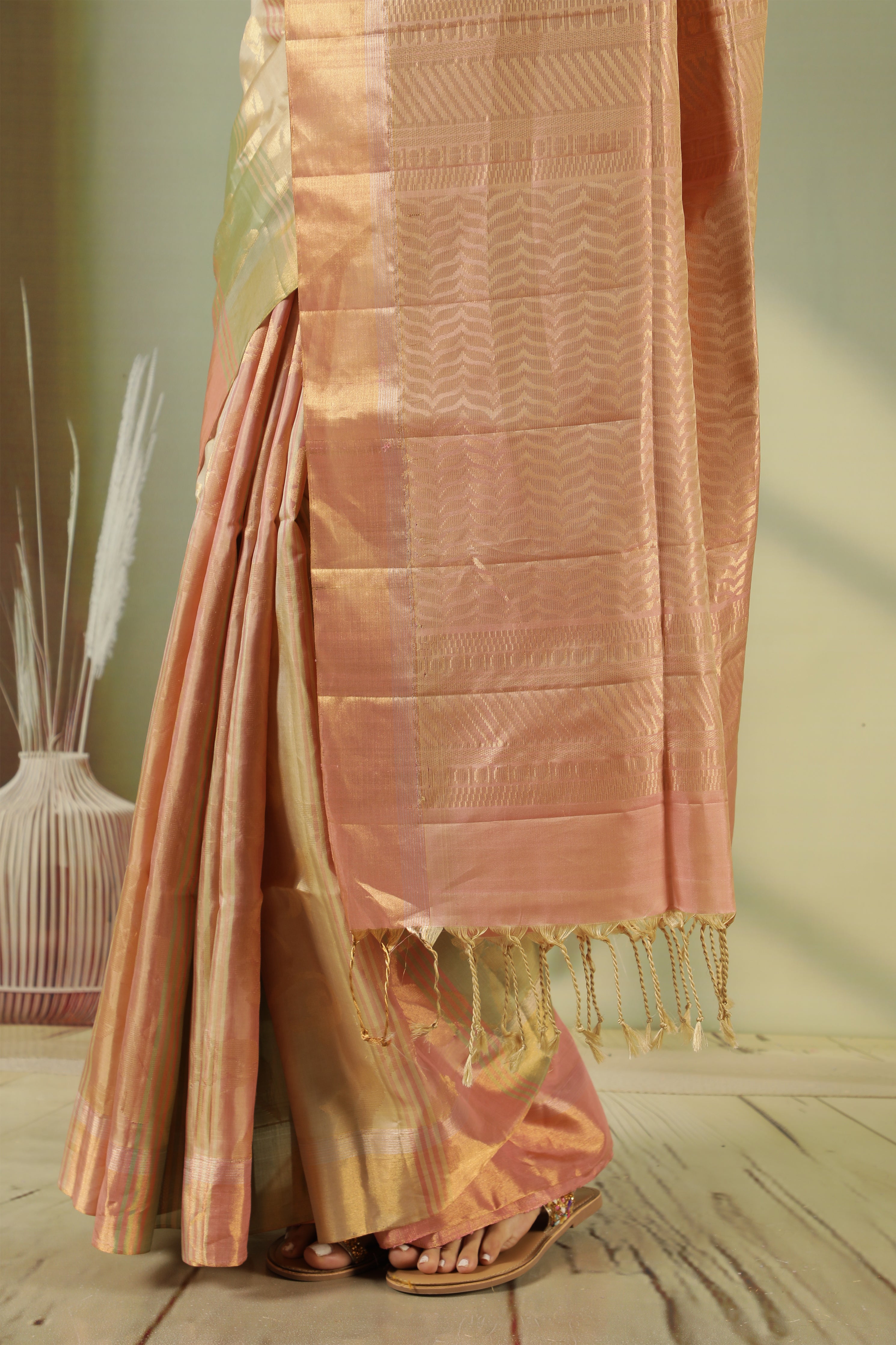 Peach Green Soft Silk Saree with Zari Jaal