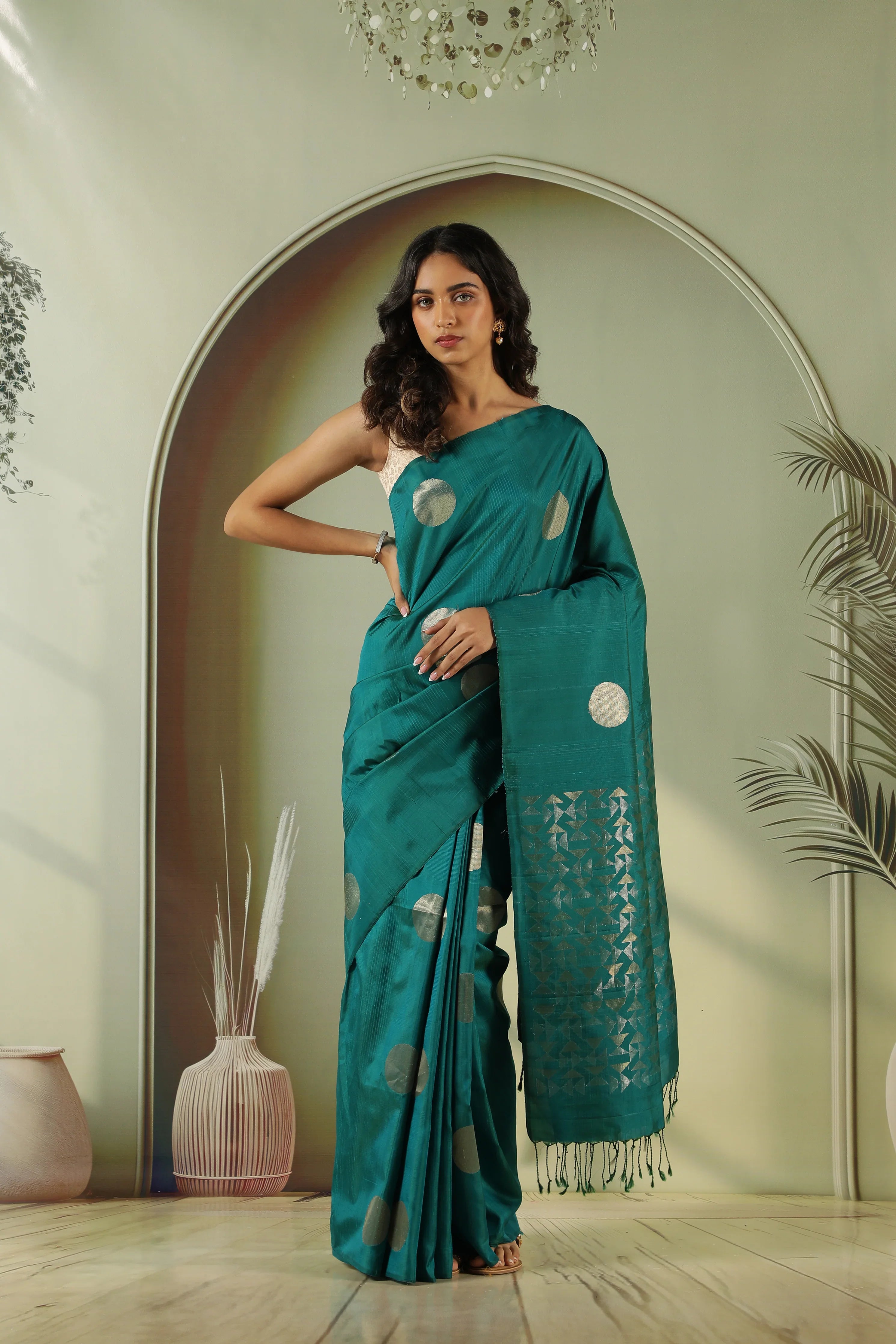 Peacock Green Soft Silk Saree with Coin Butta & Zari Pallu | Mokshaa