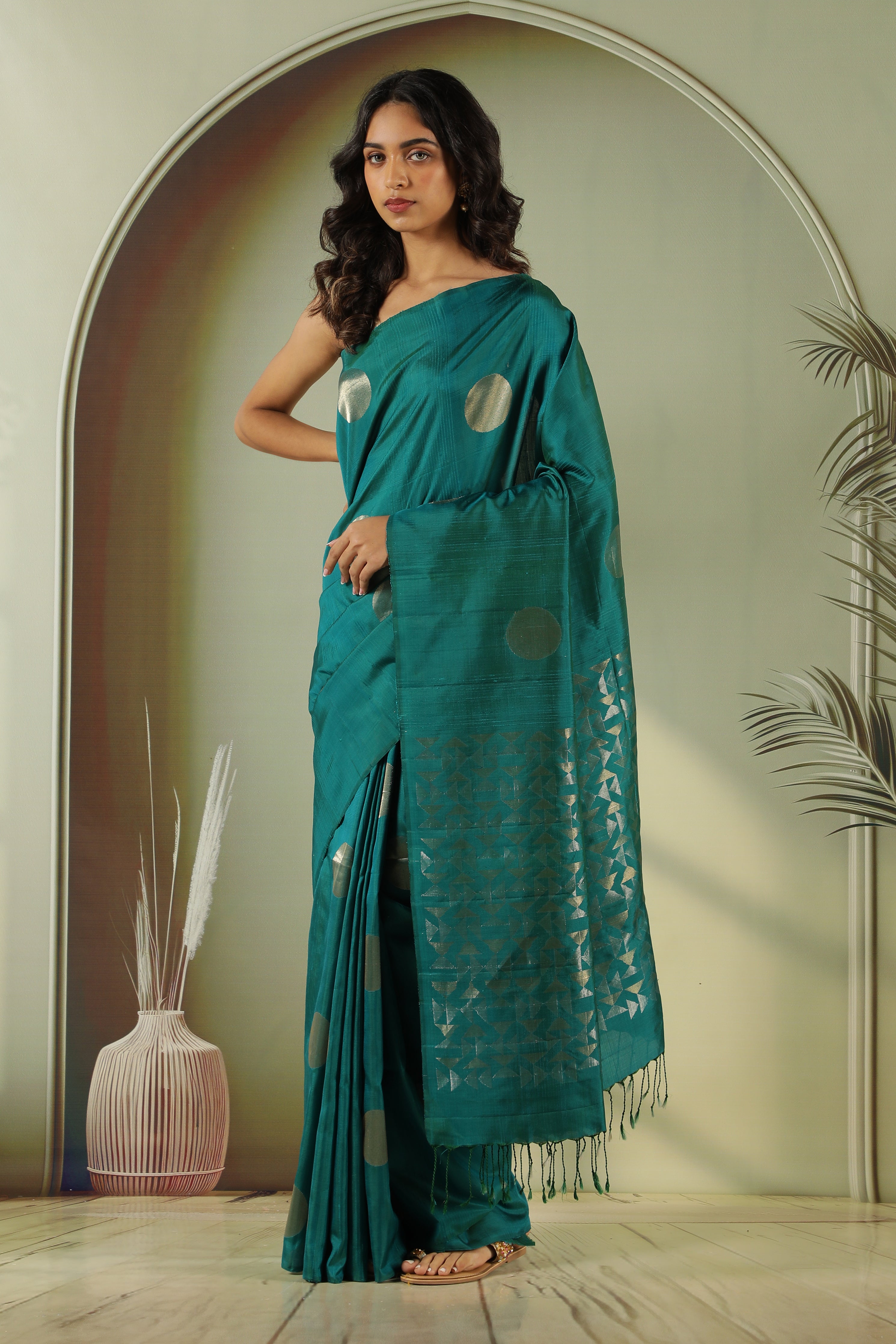 Peacock Green Soft Silk Saree with Coin Butta & Zari Pallu