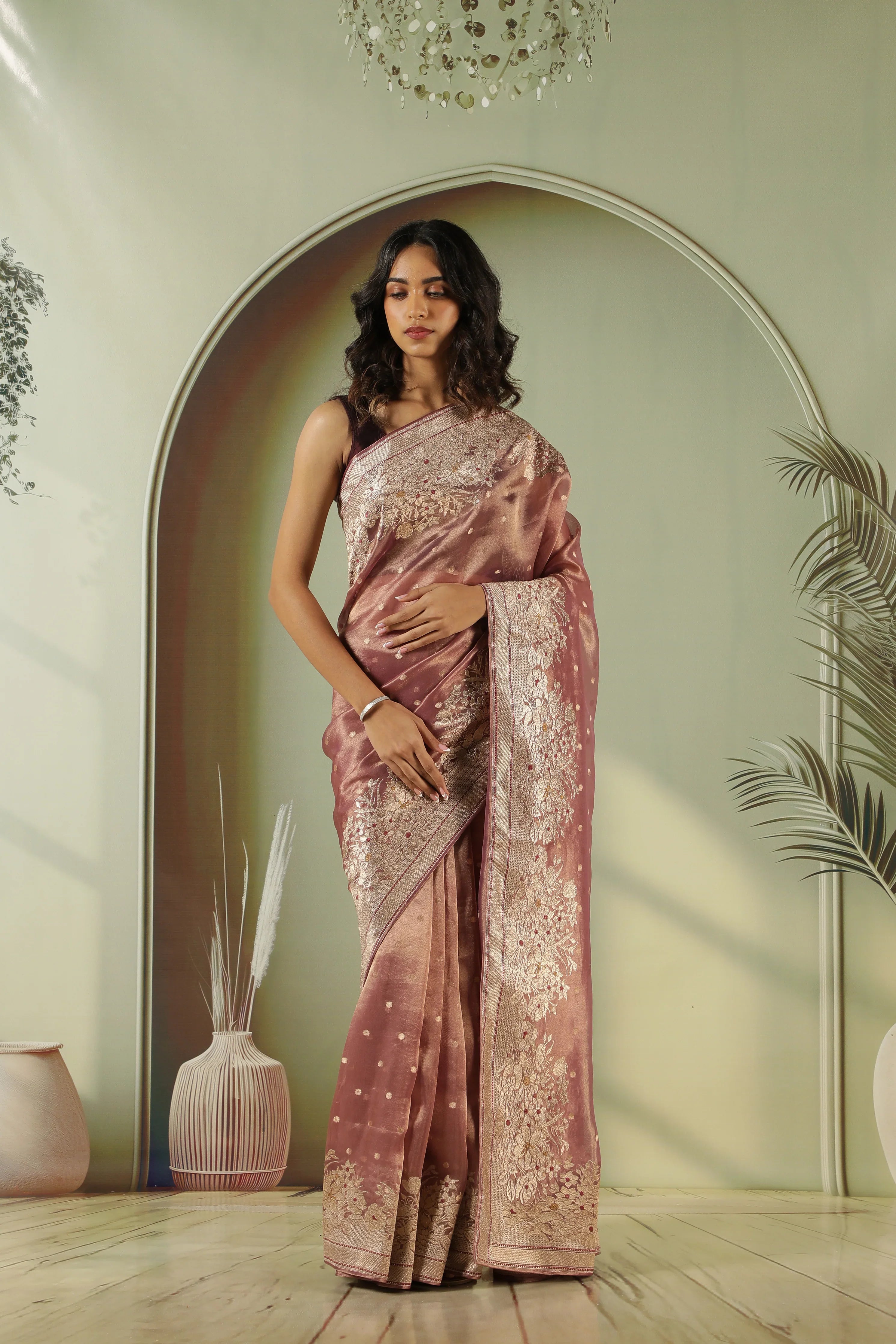 Onion Pink Tissue Saree with Zari Butta & Floral Zari Border | Mokshaa