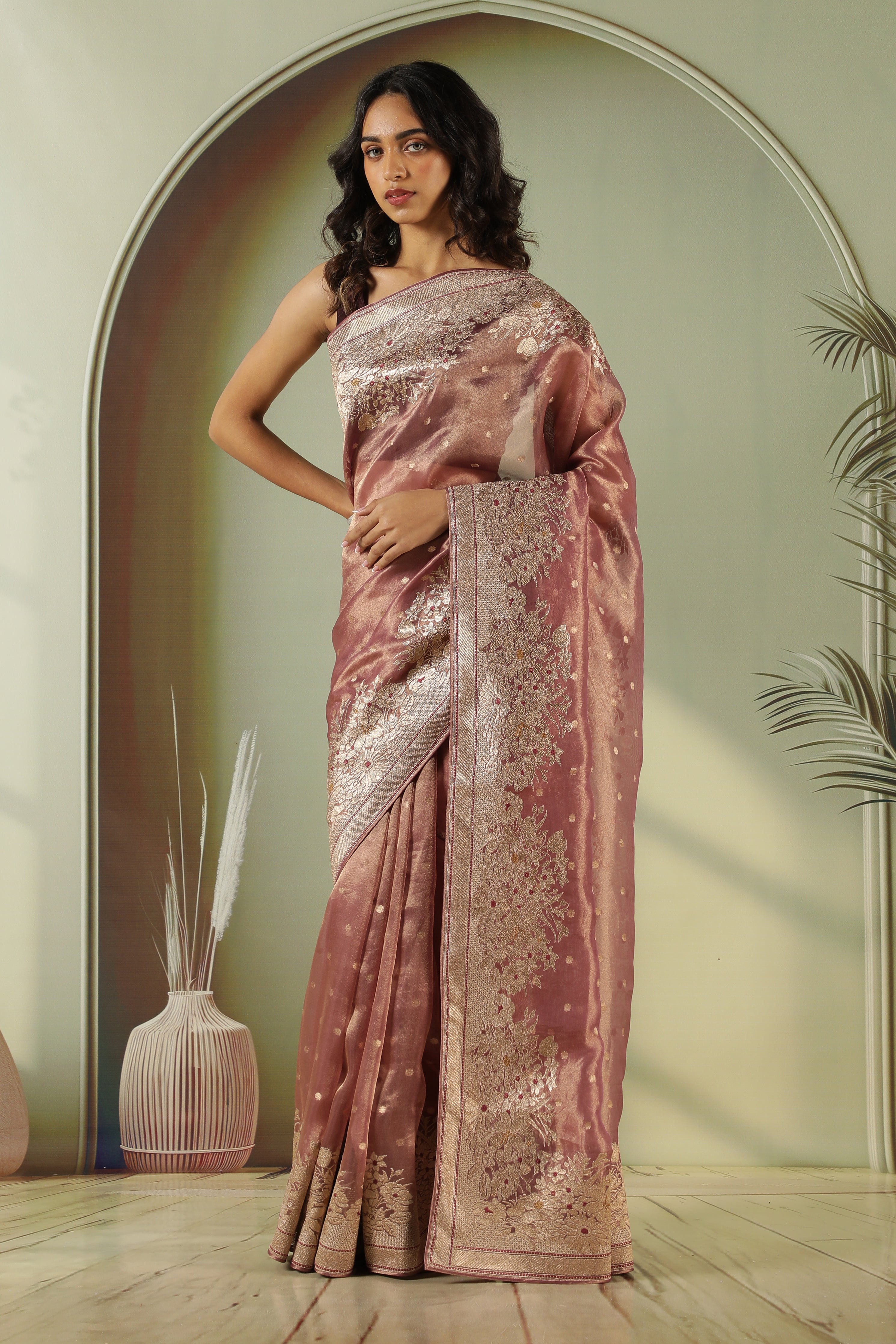 Onion Pink Tissue Saree with Zari Butta & Floral Zari Border