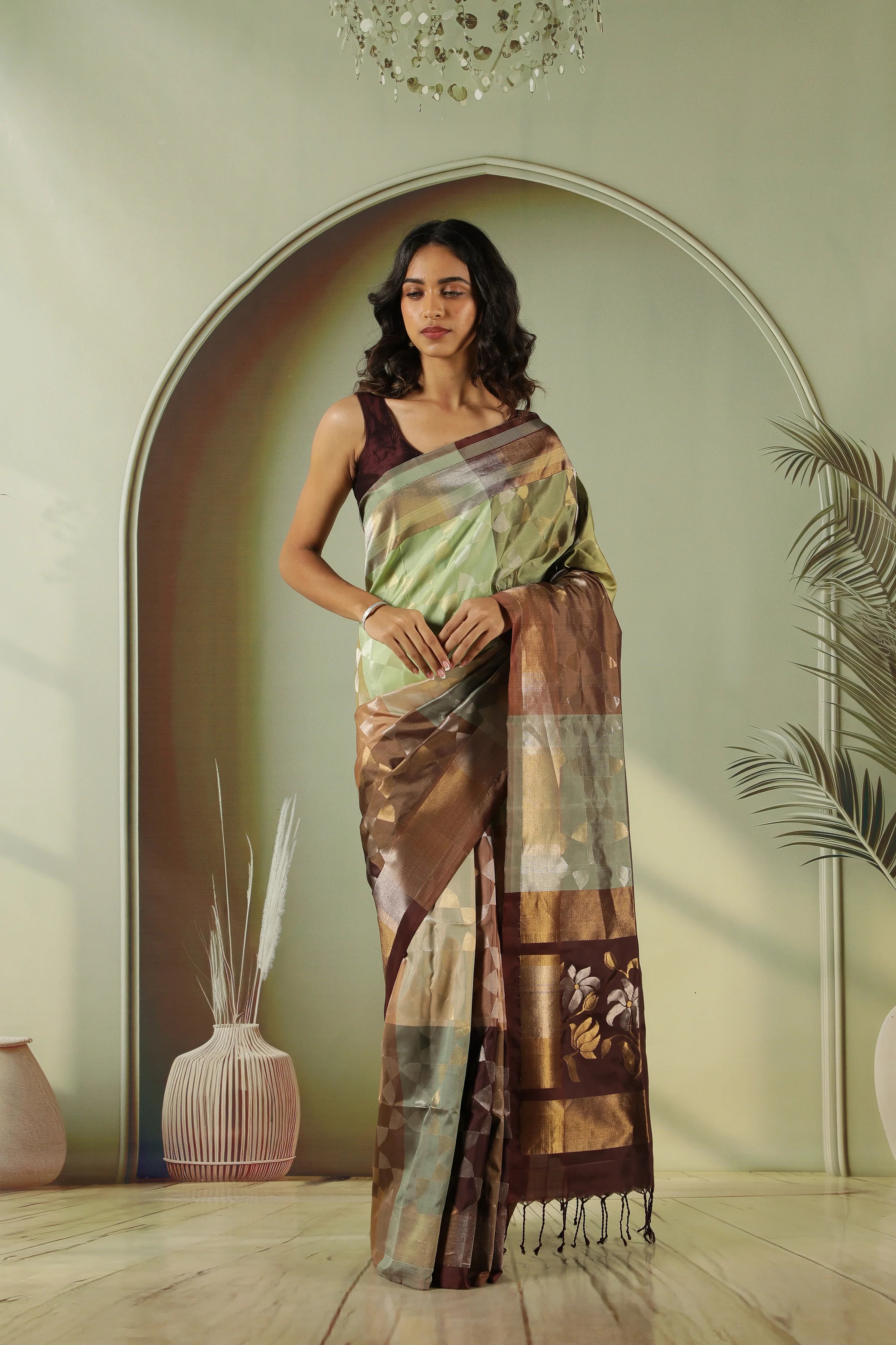 Beige Brown Soft Silk Saree with Multi-Color Zari Weaving & Contrast Blouse | Mokshaa
