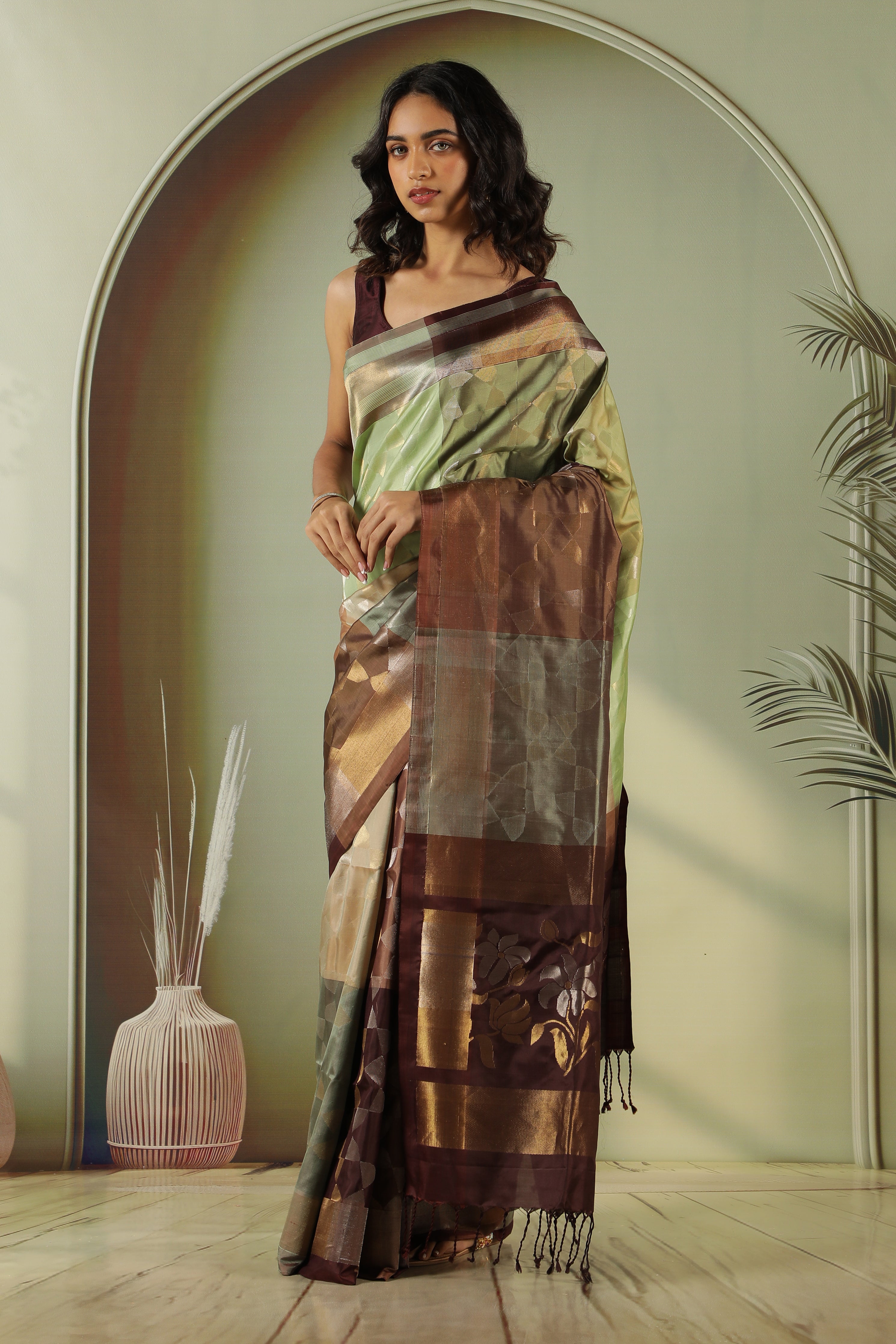 Beige Brown Soft Silk Saree with Multi-Color Zari Weaving & Contrast Blouse