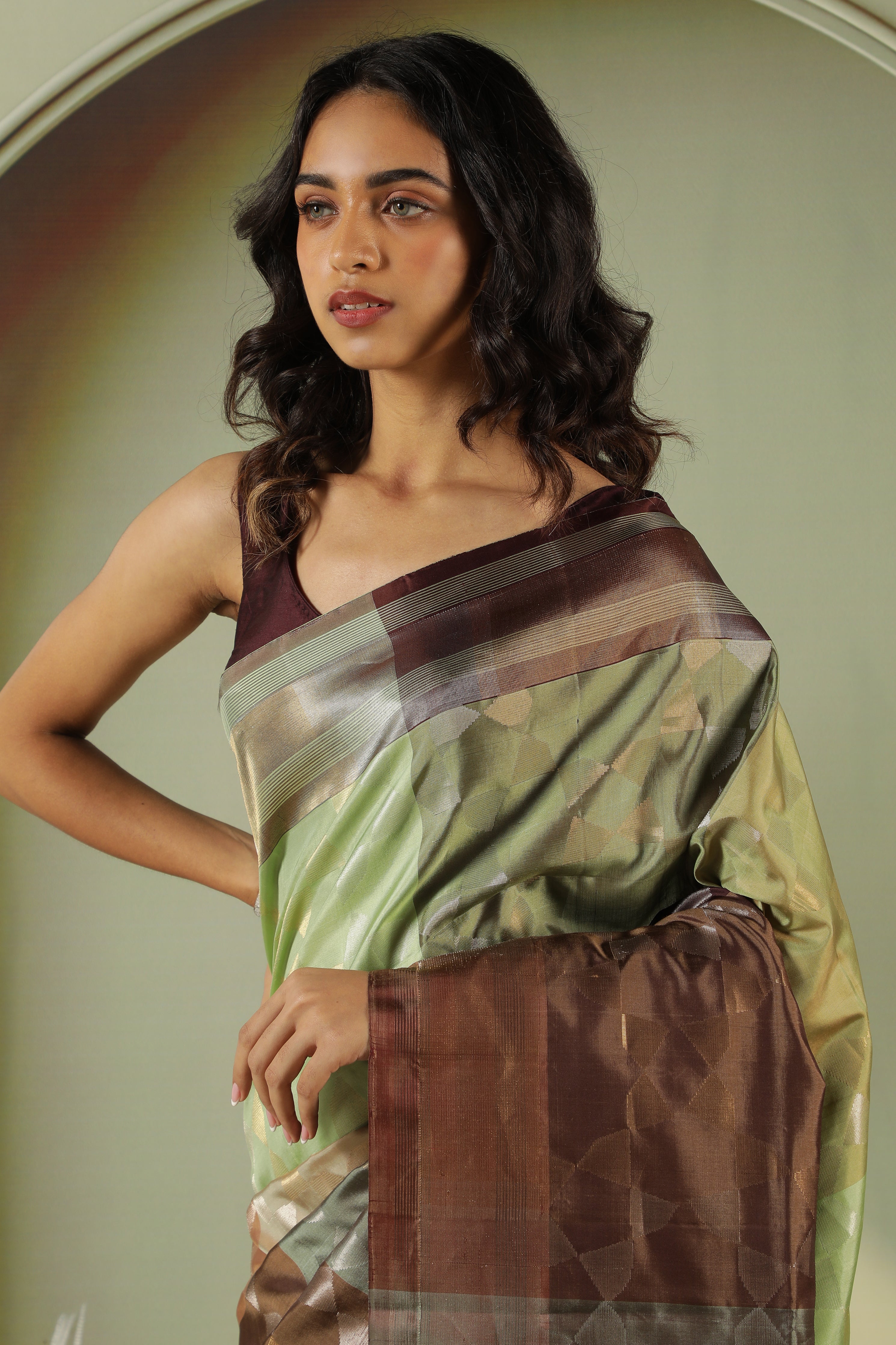 Beige Brown Soft Silk Saree with Multi-Color Zari Weaving & Contrast Blouse