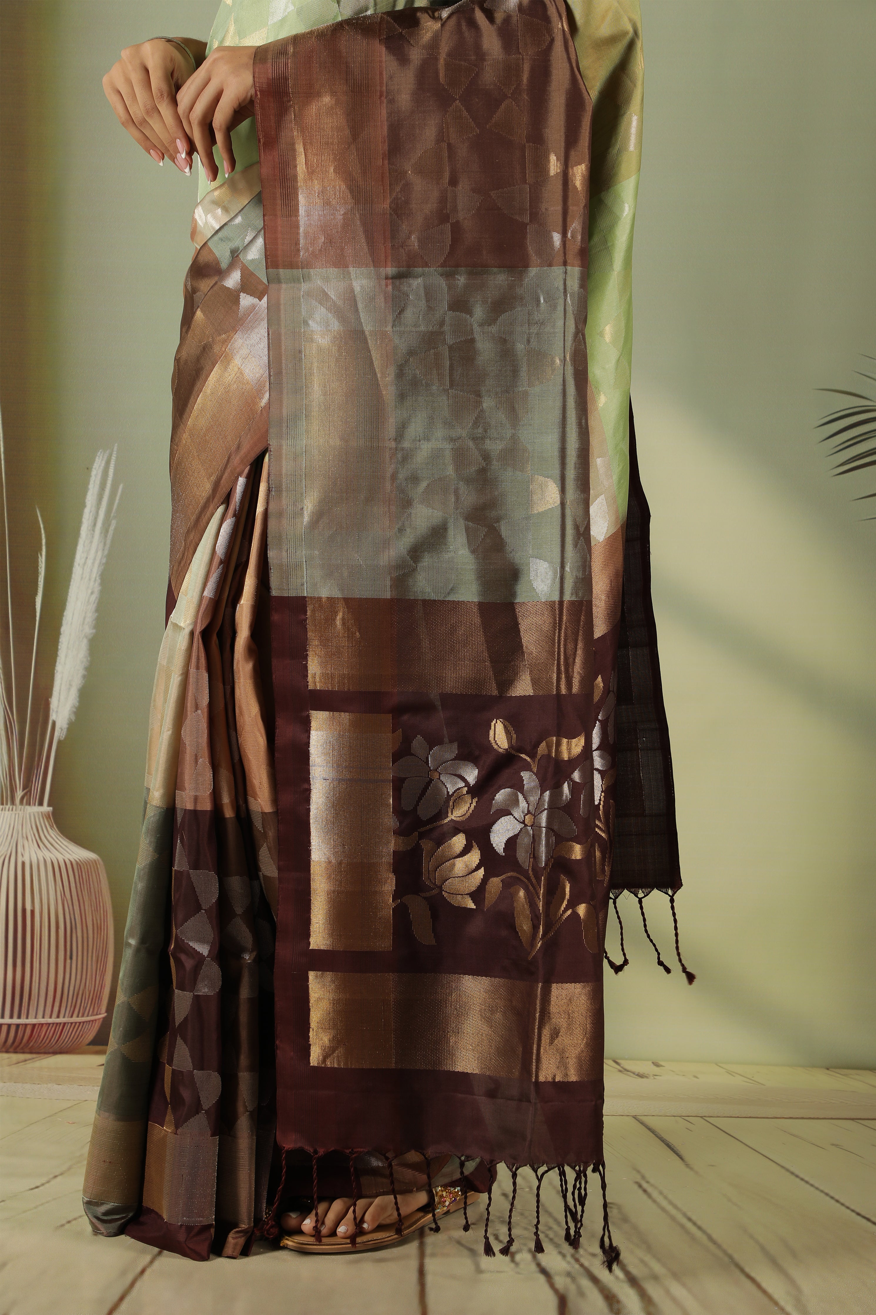 Beige Brown Soft Silk Saree with Multi-Color Zari Weaving & Contrast Blouse